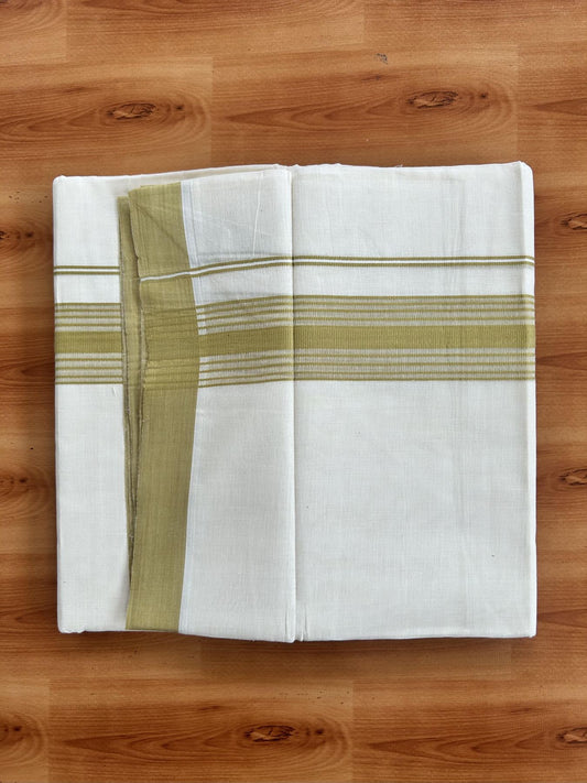 Double Off White (Unbleached) Mundu/Dhoti - 20% Discount! KaithariKada Pure Cotton - 60s - 1.5 inch Greenish Yellow Shaded Striped Kara 4 mtr (8.5 Muzham) - 72 KK5460 PMC