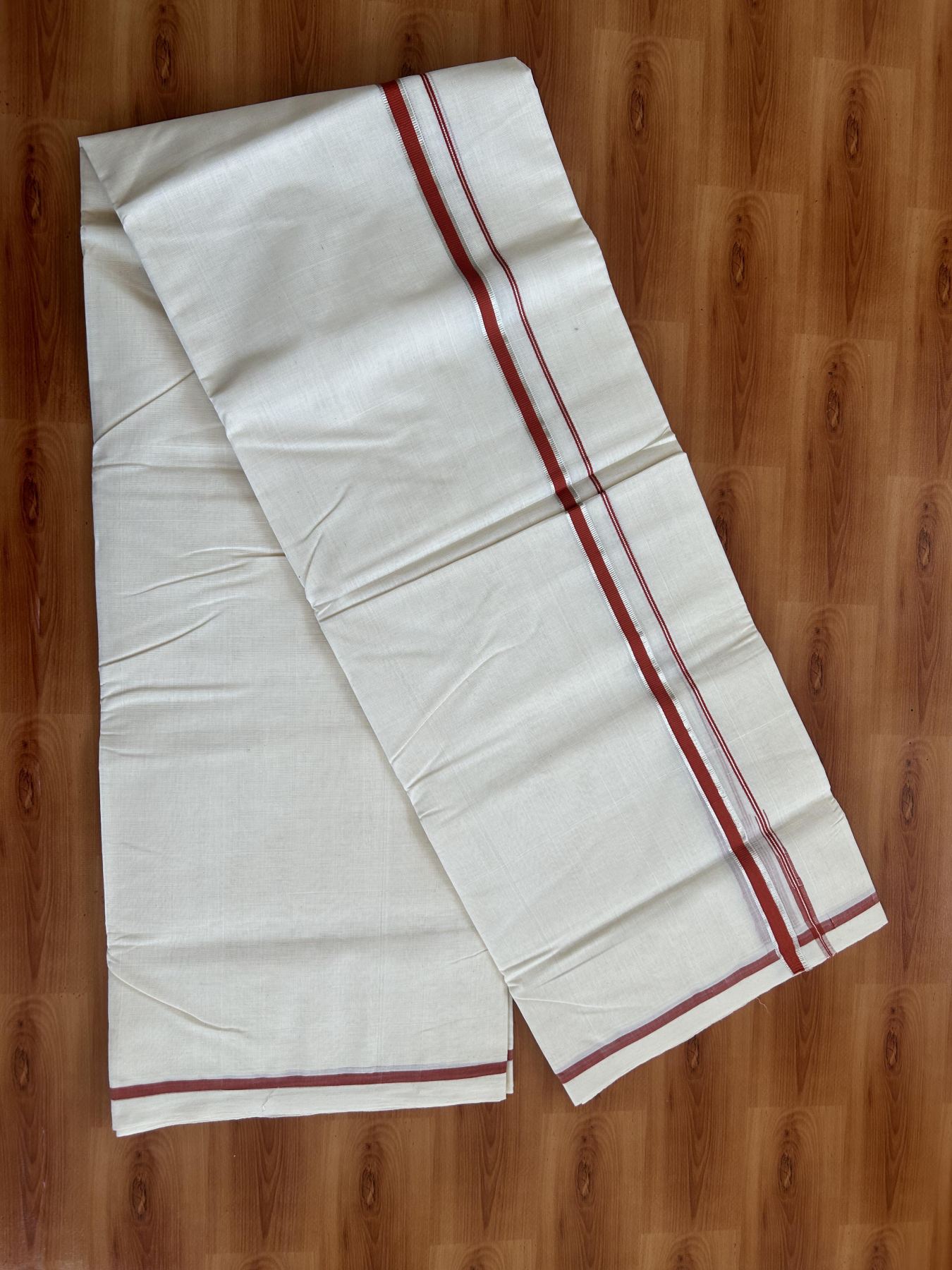 25% Discount!! KaithariKada Handloom Millpaav - Kerala Handloom - 100% Pure Cotton Off White Double Mundu/Dothi - (Unbleached) - 80x90 - 0.5 Inch Silver Kasav Burnt Orange Puliyilakkara chutty 4 mtr (8.5 Muzham) - 54 KK5383 RAM