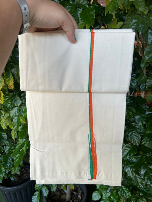 BJP VESHTI - 20% DISCOUNT! KaithariKada 100% Cotton Single off white - (Unbleached) Mundu/Dhoti - Twisted 100s Thread - 0.5 inch Puliyilakkara Orange & Green Chutty Kara - (2 meter / 4 muzham) - 1 KK5257 ASH