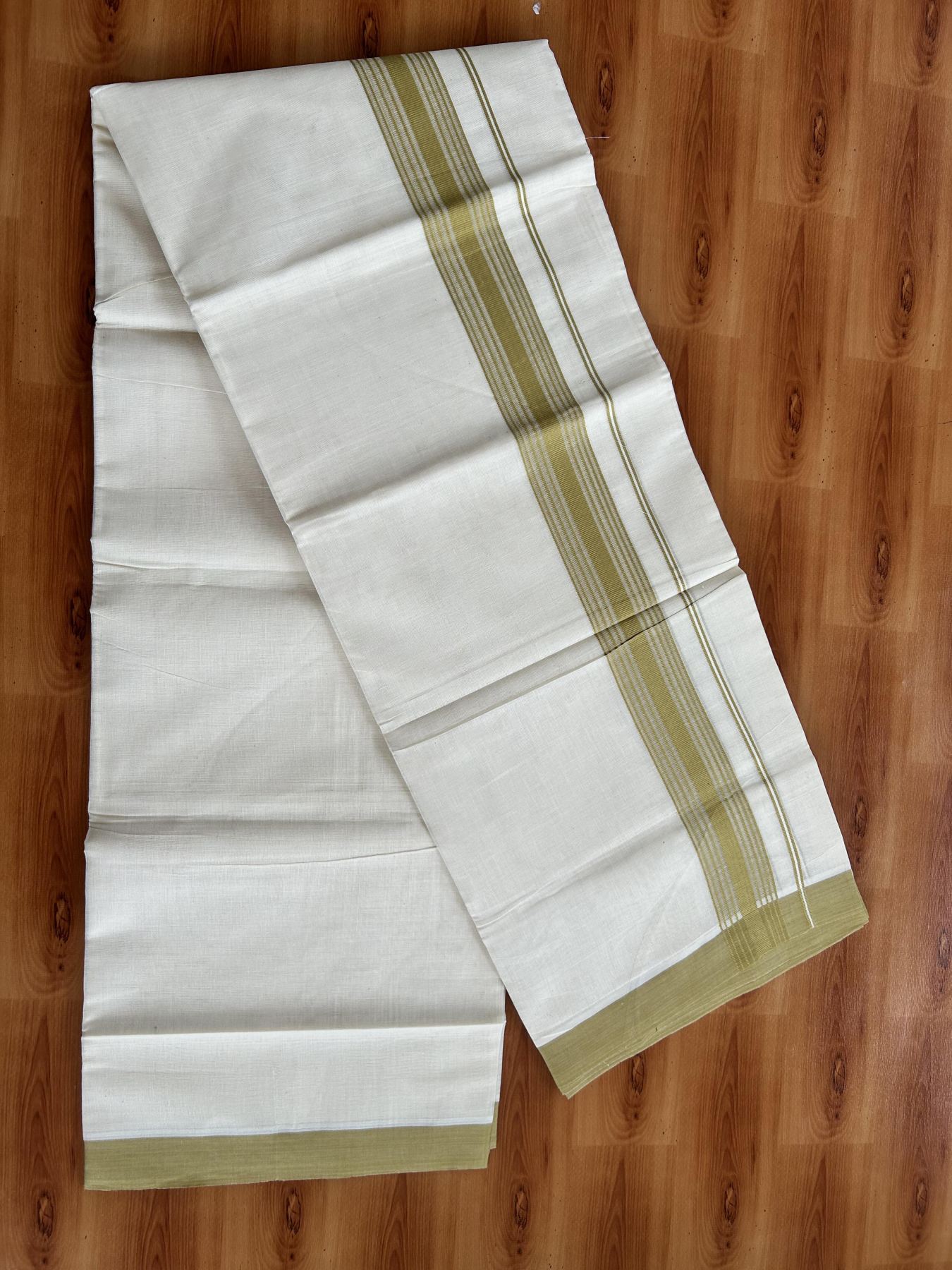 Double Off White (Unbleached) Mundu/Dhoti - 20% Discount! KaithariKada Pure Cotton - 60s - 1.5 inch Greenish Yellow Shaded Striped Kara 4 mtr (8.5 Muzham) - 72 KK5460 PMC