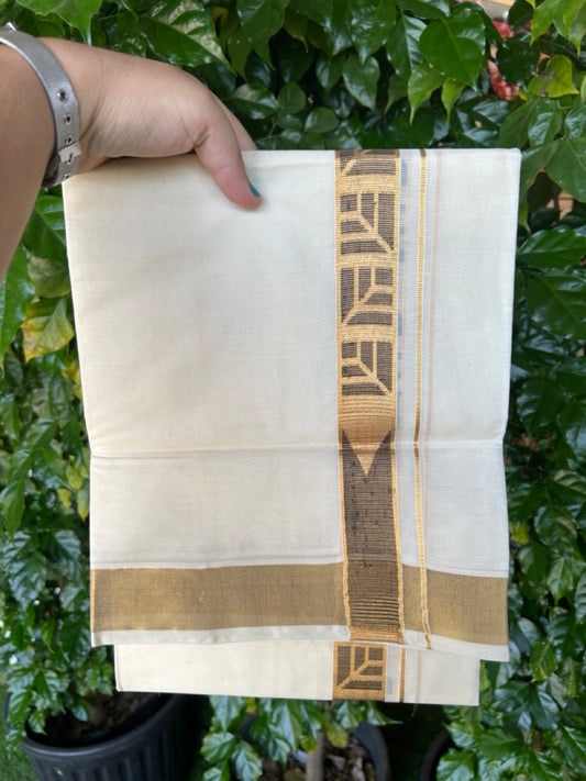 20% DISCOUNT ! KaithariKada Balaramapuram Mixed Cotton OFF White (Unbleached) Double Mundu/Dhoti - 80x80 Thread Mixed Cotton- 2.25 inch Gold kasavu & Black jacquard design Chutty kara - 31KK5113PMC