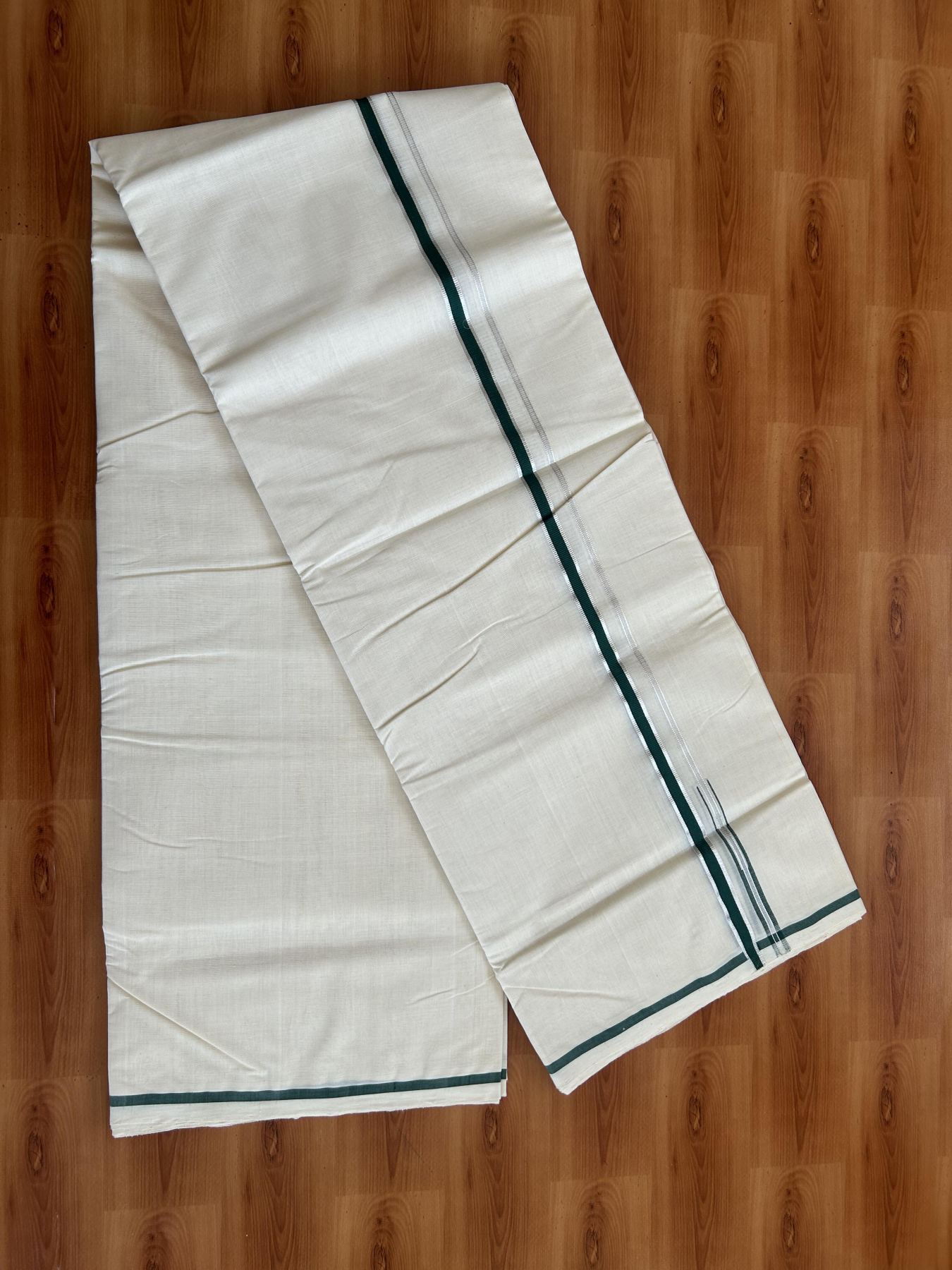 25% Discount!! KaithariKada Handloom Millpaav - Kerala Handloom - 100% Pure Cotton Off White Double Mundu/Dothi - (Unbleached) - 80x90 - 0.5 Inch Silver Kasav Green Puliyilakkara chutty 4 mtr (8.5 Muzham) - 52 KK5383 RAM