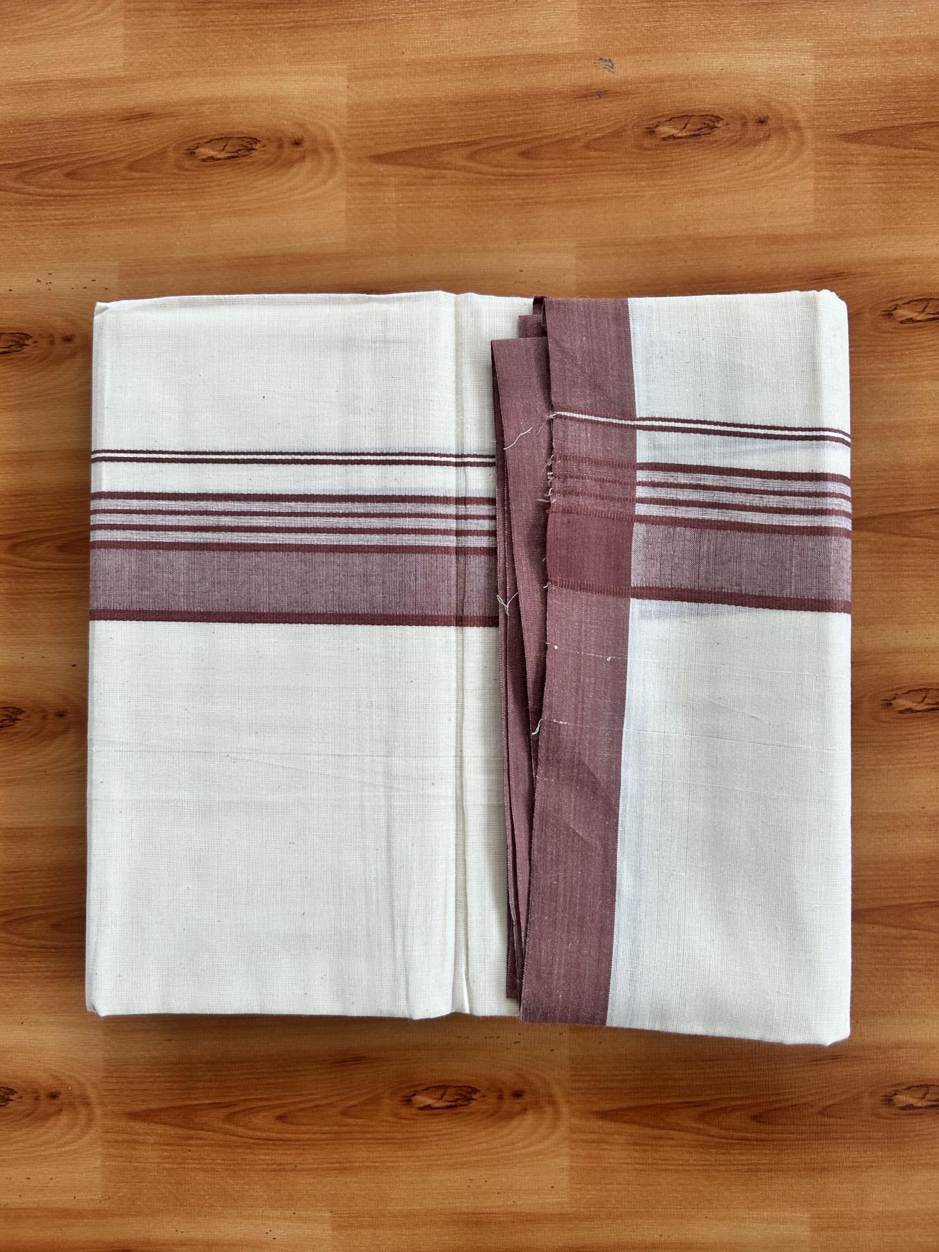 Double Off White (Unbleached) Mundu/Dhoti - 20% Discount! KaithariKada Pure Cotton - 60s - 1.5 inch Pastel Maroon Shaded Striped Kara 4 mtr (8.5 Muzham) - 67 KK5460 PMC