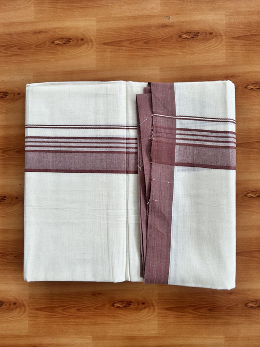Double Off White (Unbleached) Mundu/Dhoti - 20% Discount! KaithariKada Pure Cotton - 60s - 1.5 inch Pastel Maroon Shaded Striped Kara 4 mtr (8.5 Muzham) - 67 KK5460 PMC