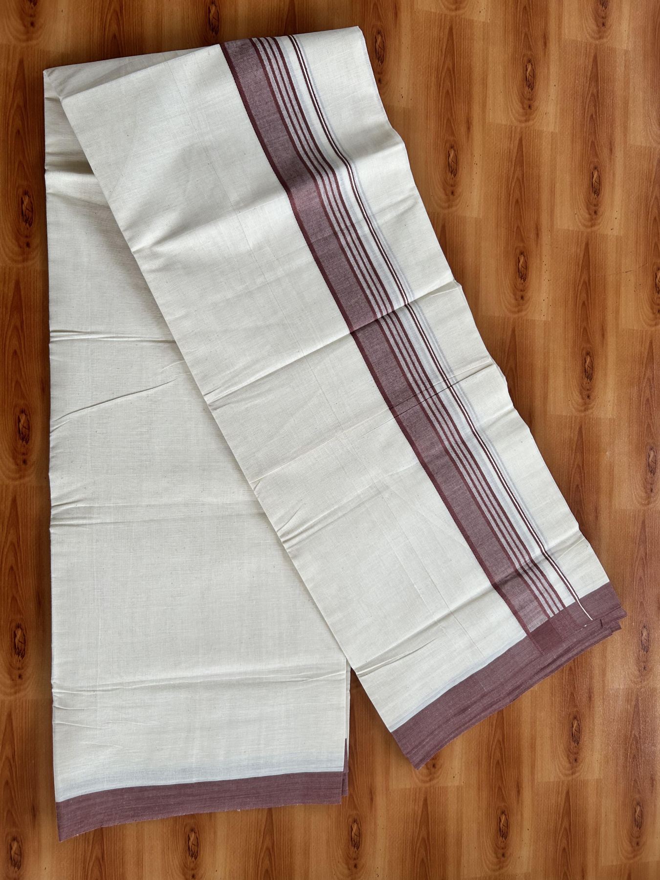 Double Off White (Unbleached) Mundu/Dhoti - 20% Discount! KaithariKada Pure Cotton - 60s - 1.5 inch Pastel Maroon Shaded Striped Kara 4 mtr (8.5 Muzham) - 67 KK5460 PMC