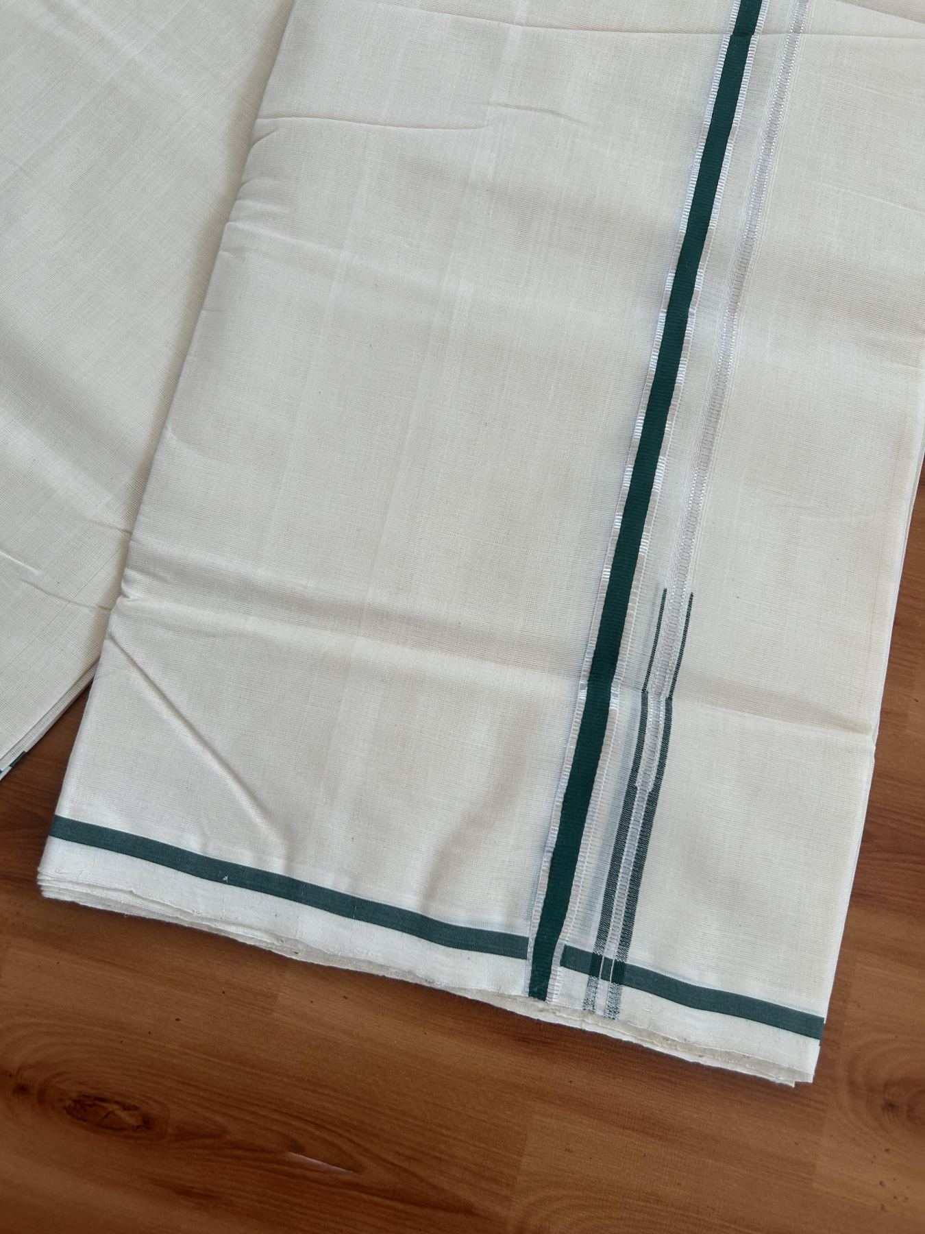 25% Discount!! KaithariKada Handloom Millpaav - Kerala Handloom - 100% Pure Cotton Off White Double Mundu/Dothi - (Unbleached) - 80x90 - 0.5 Inch Silver Kasav Green Puliyilakkara chutty 4 mtr (8.5 Muzham) - 52 KK5383 RAM