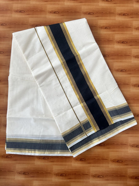 Off White Saree - 25% Discount! Kaitharikada Kerala Traditional Mixed Cotton Kasavu Saree - 3 Inch Pallu - Gold Kasav & Black Stripes Kara - 23 KK7000 PMC