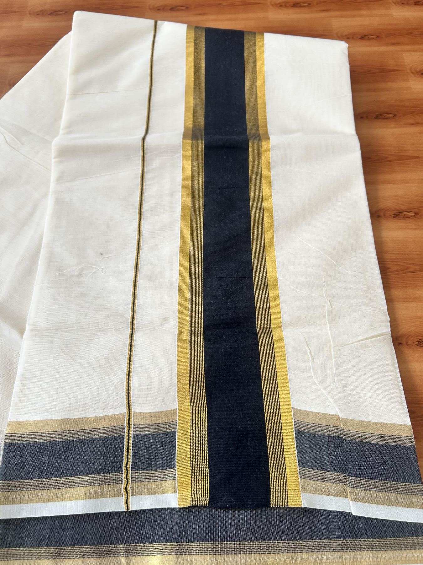 Off White Saree - 25% Discount! Kaitharikada Kerala Traditional Mixed Cotton Kasavu Saree - 3 Inch Pallu - Gold Kasav & Black Stripes Kara - 23 KK7000 PMC
