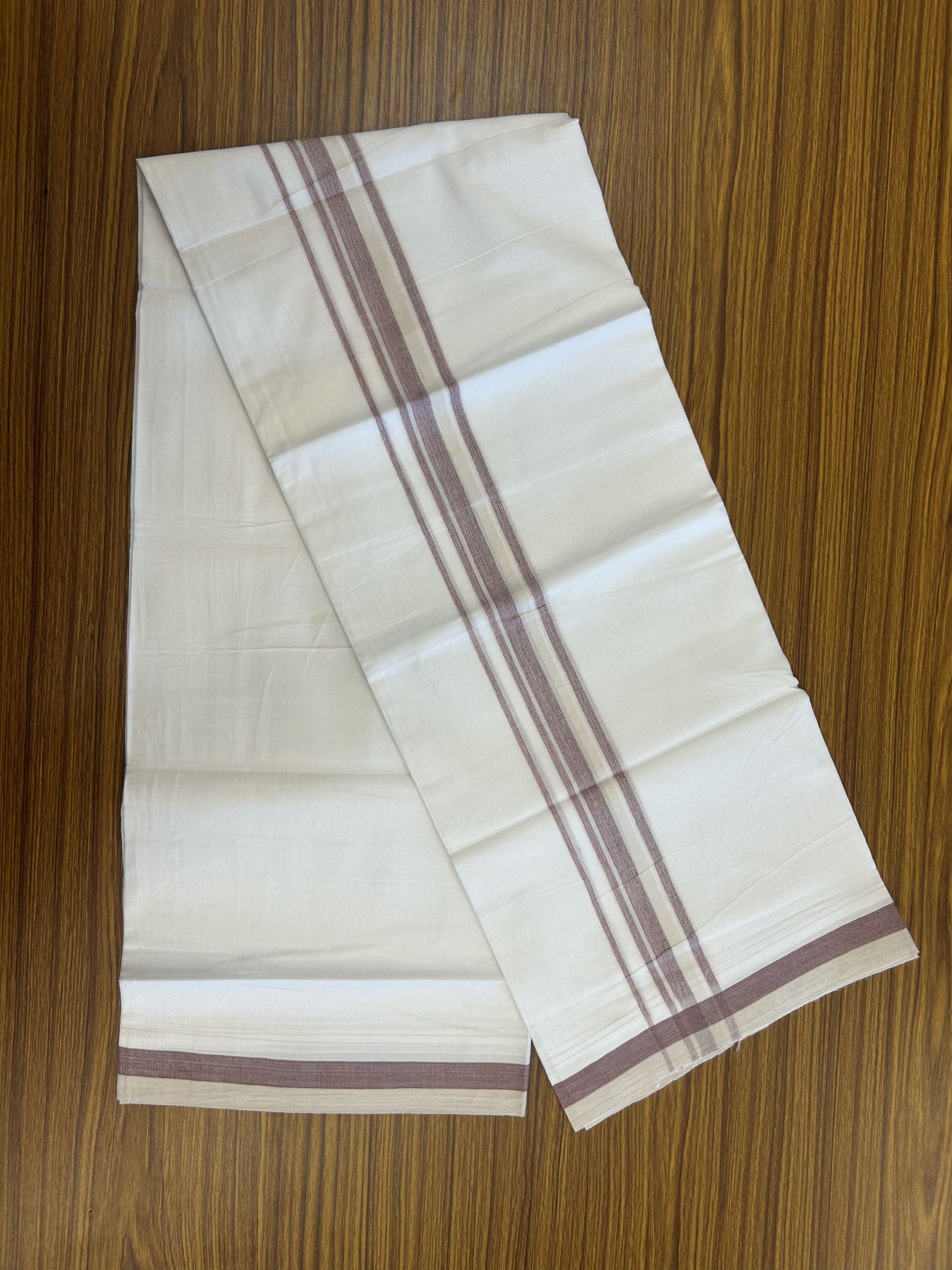 20% Discount! KaithariKada Balaramapuram 100% Cotton Double Pure white Mundu/Dhoti- 100x80 - 1.5 inch Maroon & Cream shaded kara - 3.80 mtr ( 8 muzham) - 34 KK5315 VAS