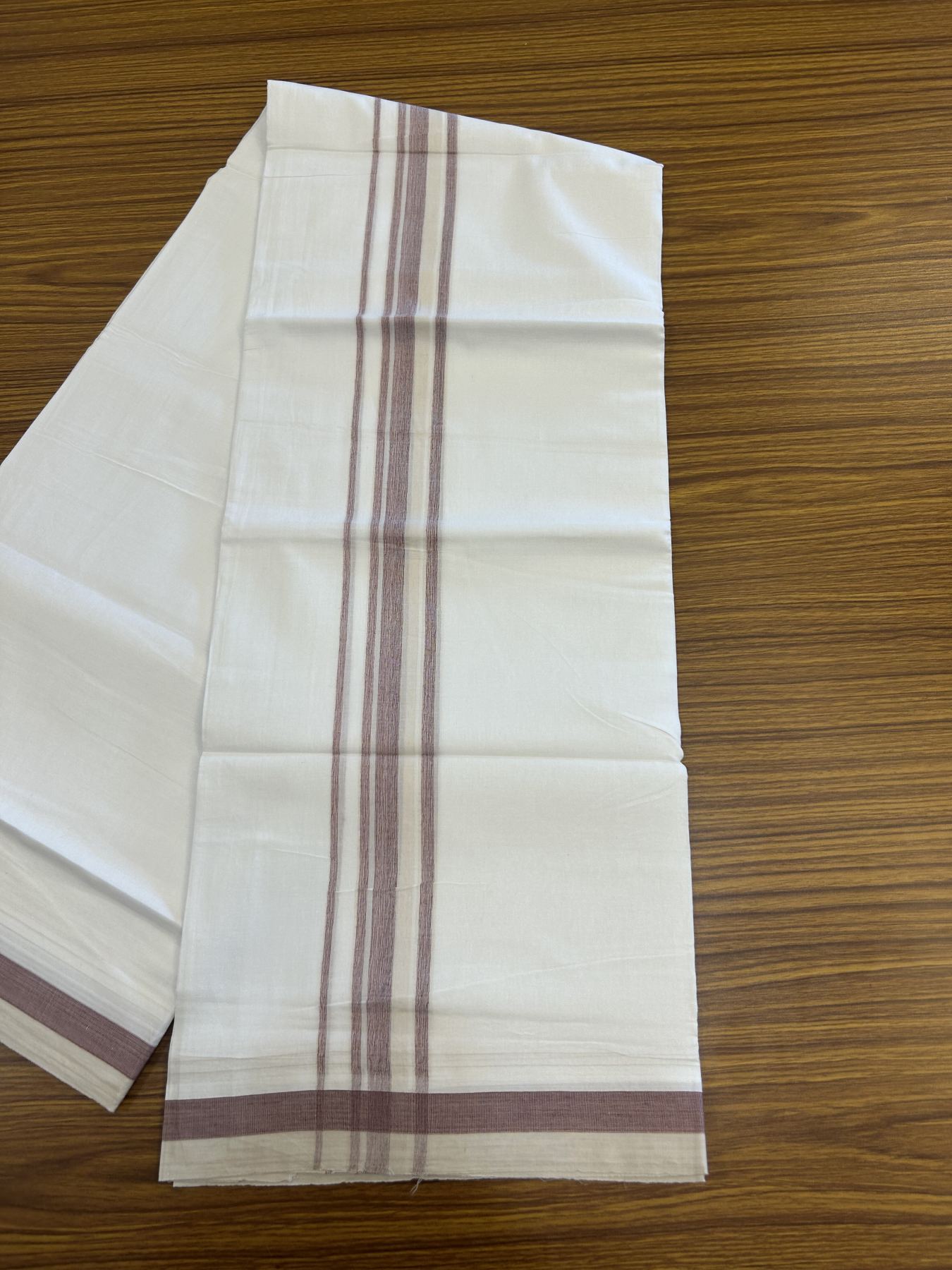 20% Discount! KaithariKada Balaramapuram 100% Cotton Double Pure white Mundu/Dhoti- 100x80 - 1.5 inch Maroon & Cream shaded kara - 3.80 mtr ( 8 muzham) - 34 KK5315 VAS