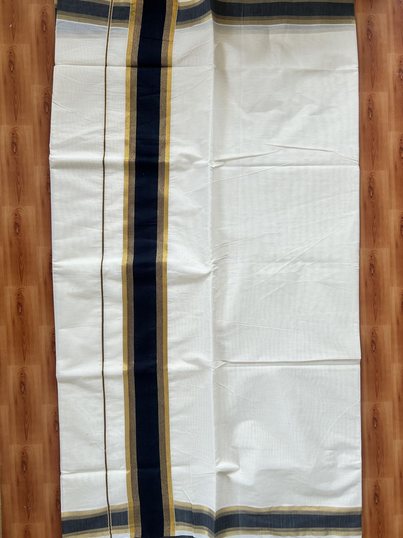 Off White Saree - 25% Discount! Kaitharikada Kerala Traditional Mixed Cotton Kasavu Saree - 3 Inch Pallu - Gold Kasav & Black Stripes Kara - 23 KK7000 PMC