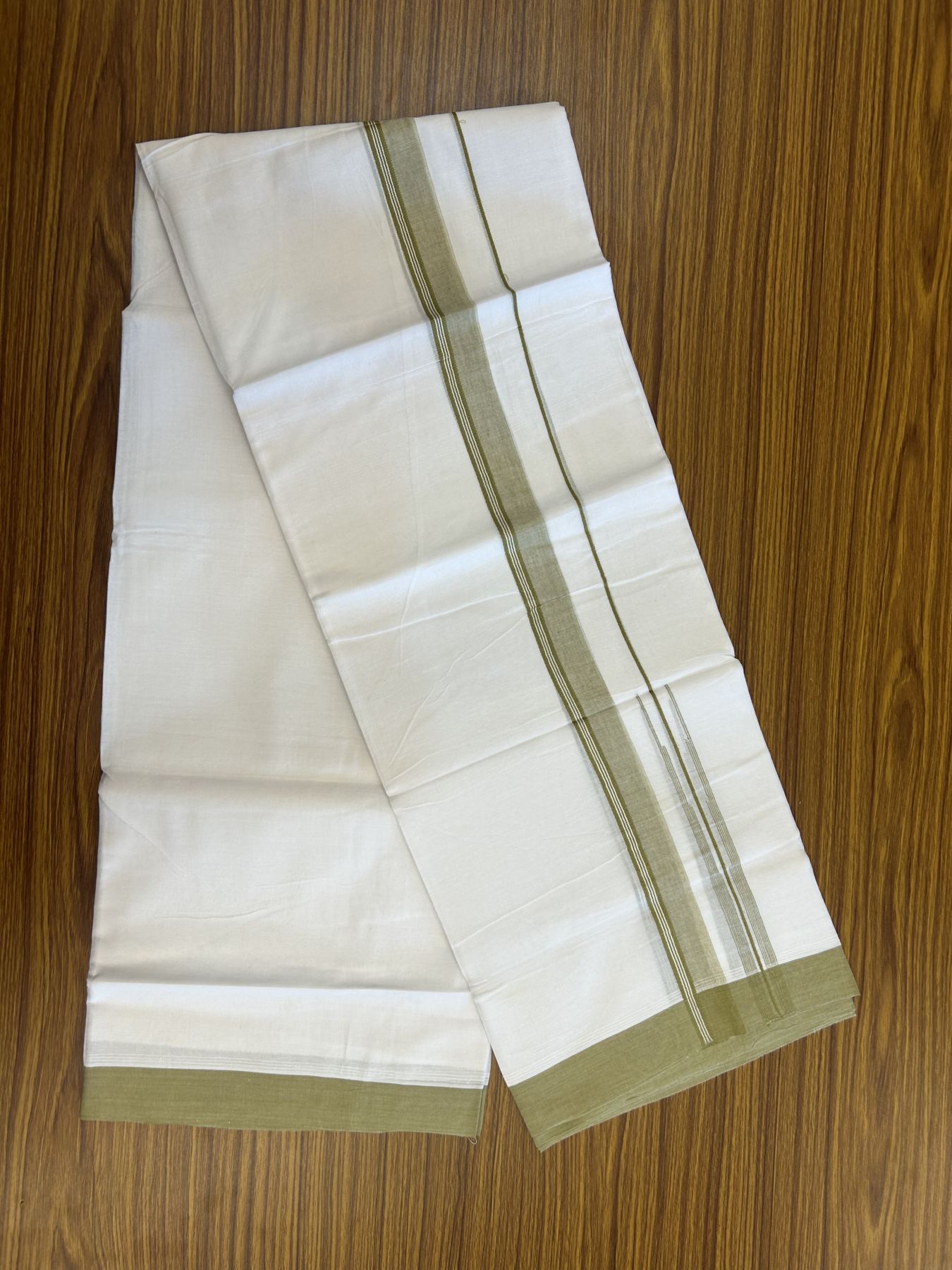 20% Discount! KaithariKada Balaramapuram 100% Cotton Double Pure white Mundu/Dhoti- 100x80 - 1.25 inch Olive Green shaded striped chutty kara - 3.75 mtr ( 8 muzham) - 30 KK5315 VAS