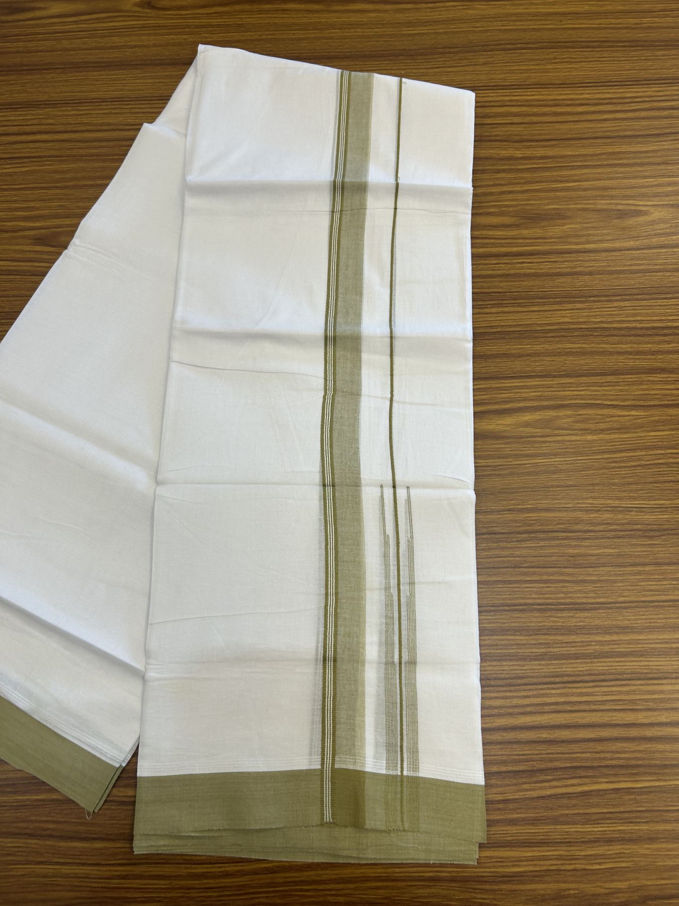 20% Discount! KaithariKada Balaramapuram 100% Cotton Double Pure white Mundu/Dhoti- 100x80 - 1.25 inch Olive Green shaded striped chutty kara - 3.75 mtr ( 8 muzham) - 30 KK5315 VAS