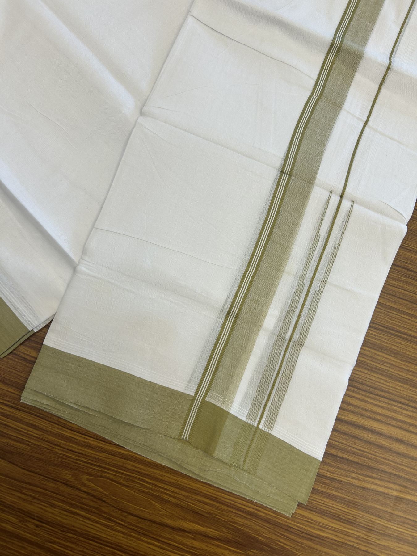 20% Discount! KaithariKada Balaramapuram 100% Cotton Double Pure white Mundu/Dhoti- 100x80 - 1.25 inch Olive Green shaded striped chutty kara - 3.75 mtr ( 8 muzham) - 30 KK5315 VAS