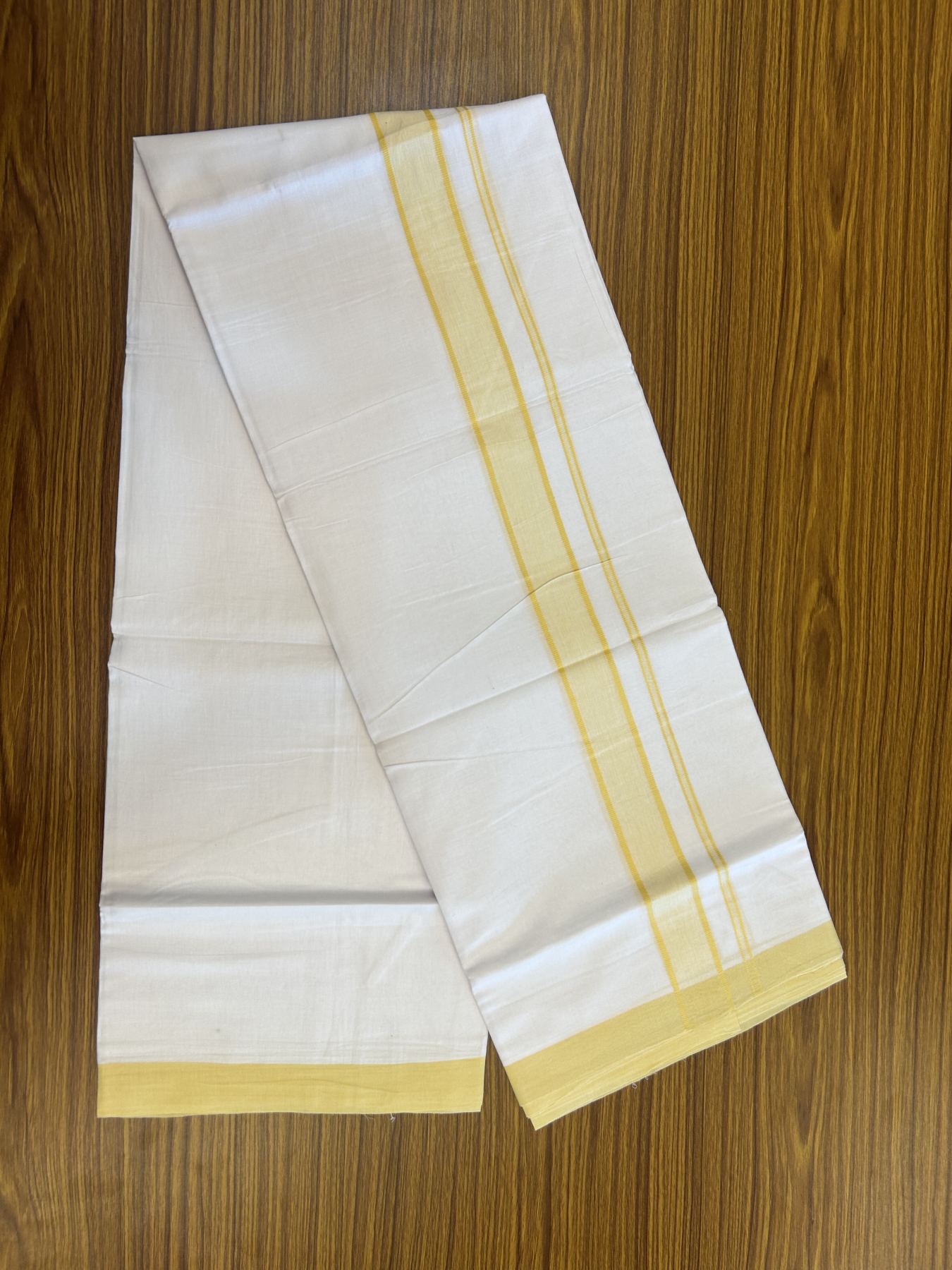 20% Discount! KaithariKada Balaramapuram 100% Cotton Double Pure white Mundu/Dhoti- 80s - 1.5 inch Yellow shaded kara - 3.80 mtr ( 8 muzham) - 65 KK5315 VAS