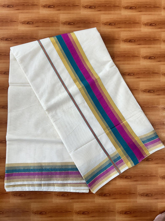 Off White Saree - 25% Discount! Kaitharikada Kerala Traditional Mixed Cotton Kasavu Saree - 3 Inch Pallu - Gold Kasav Peacock Green & Magenta Stripes Kara - 28 KK7000 PMC