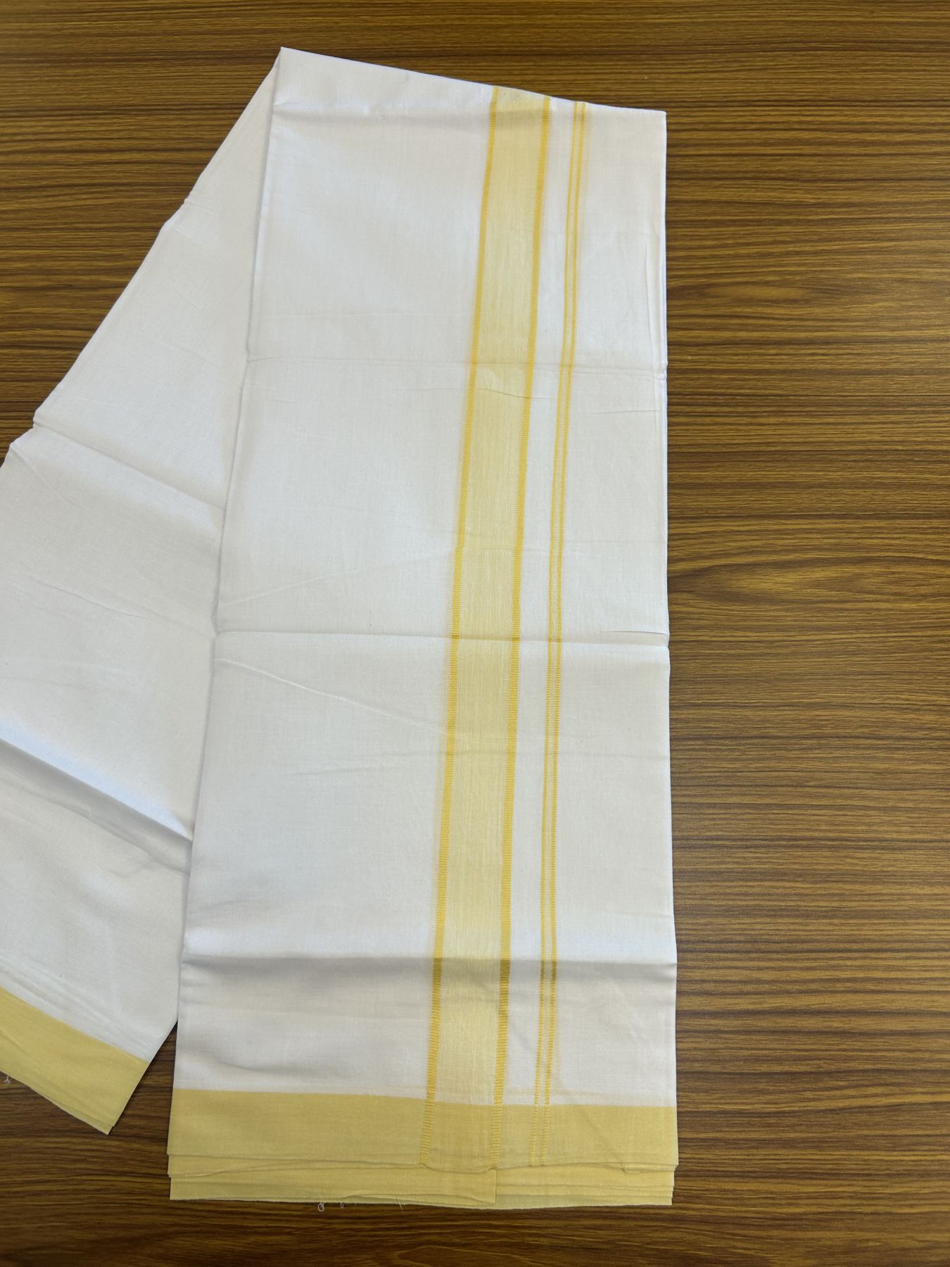 20% Discount! KaithariKada Balaramapuram 100% Cotton Double Pure white Mundu/Dhoti- 80s - 1.5 inch Yellow shaded kara - 3.80 mtr ( 8 muzham) - 65 KK5315 VAS