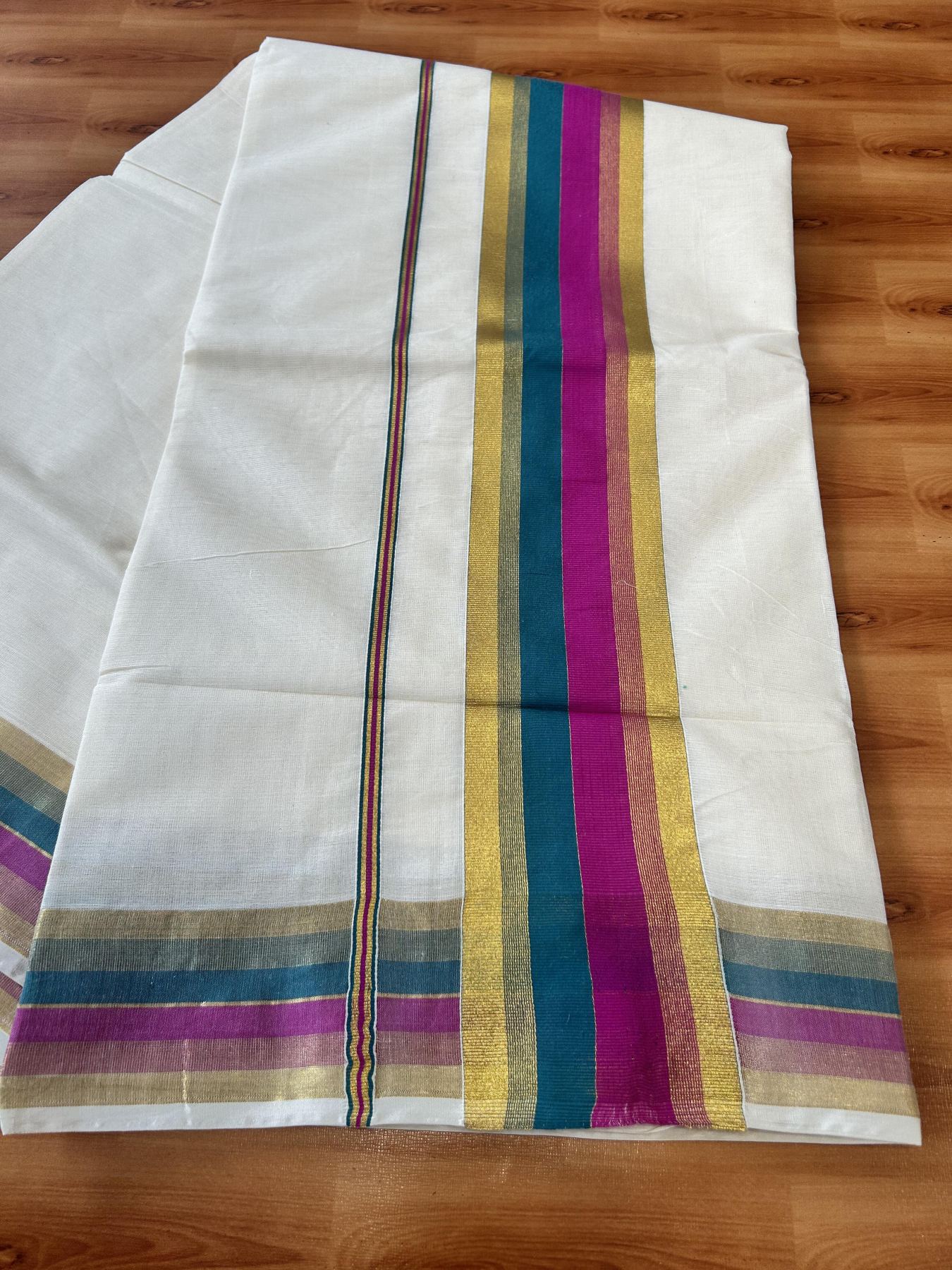 Off White Saree - 25% Discount! Kaitharikada Kerala Traditional Mixed Cotton Kasavu Saree - 3 Inch Pallu - Gold Kasav Peacock Green & Magenta Stripes Kara - 28 KK7000 PMC