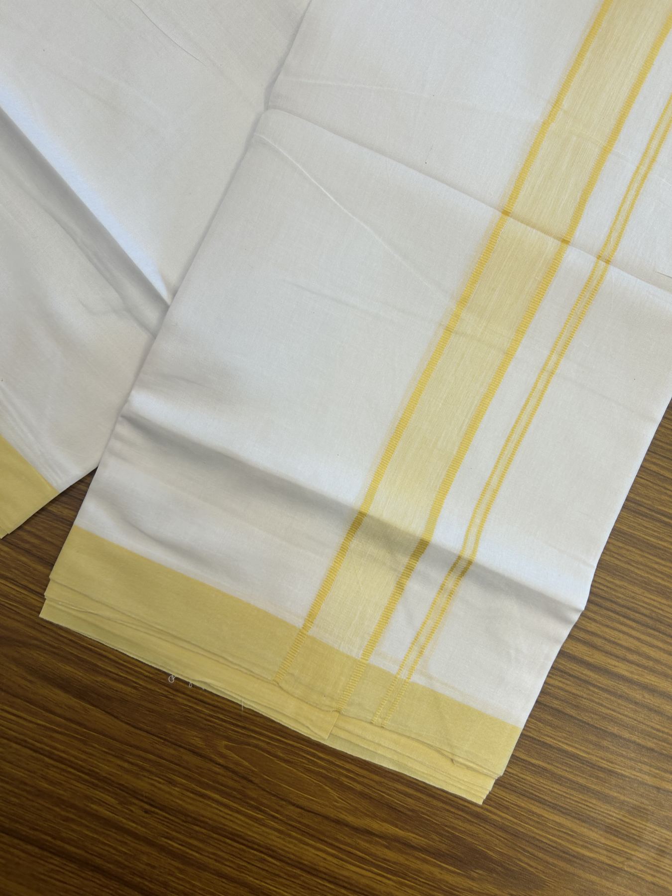 20% Discount! KaithariKada Balaramapuram 100% Cotton Double Pure white Mundu/Dhoti- 80s - 1.5 inch Yellow shaded kara - 3.80 mtr ( 8 muzham) - 65 KK5315 VAS