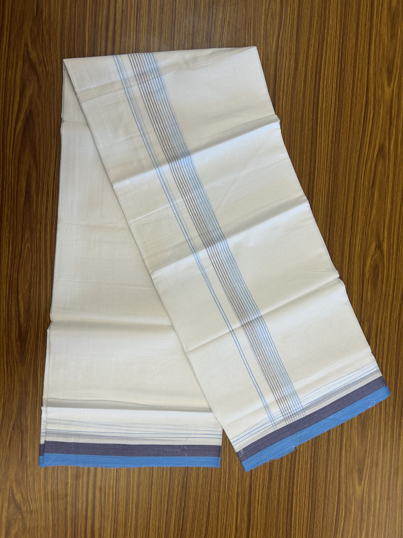 20% Discount ! Kaitharikada Balaramapuram 100% Cotton Pure White Double Mundu/Dothi - 100x80 - 1.75 inch Light Blue & Maroon Stripes Kara 4 mtr (8.5 muzham) - 51 KK5315 VAS