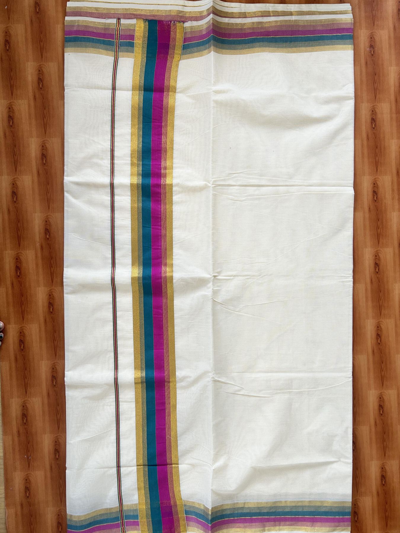 Off White Saree - 25% Discount! Kaitharikada Kerala Traditional Mixed Cotton Kasavu Saree - 3 Inch Pallu - Gold Kasav Peacock Green & Magenta Stripes Kara - 28 KK7000 PMC