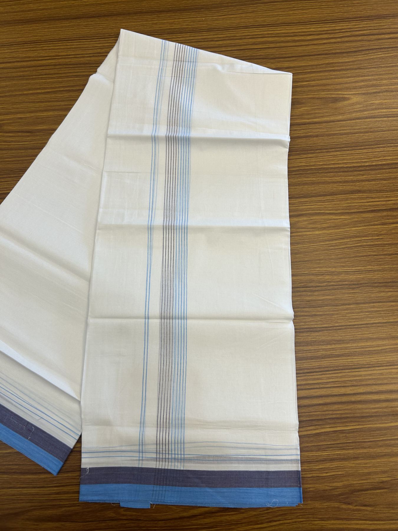 20% Discount ! Kaitharikada Balaramapuram 100% Cotton Pure White Double Mundu/Dothi - 100x80 - 1.75 inch Light Blue & Maroon Stripes Kara 4 mtr (8.5 muzham) - 51 KK5315 VAS