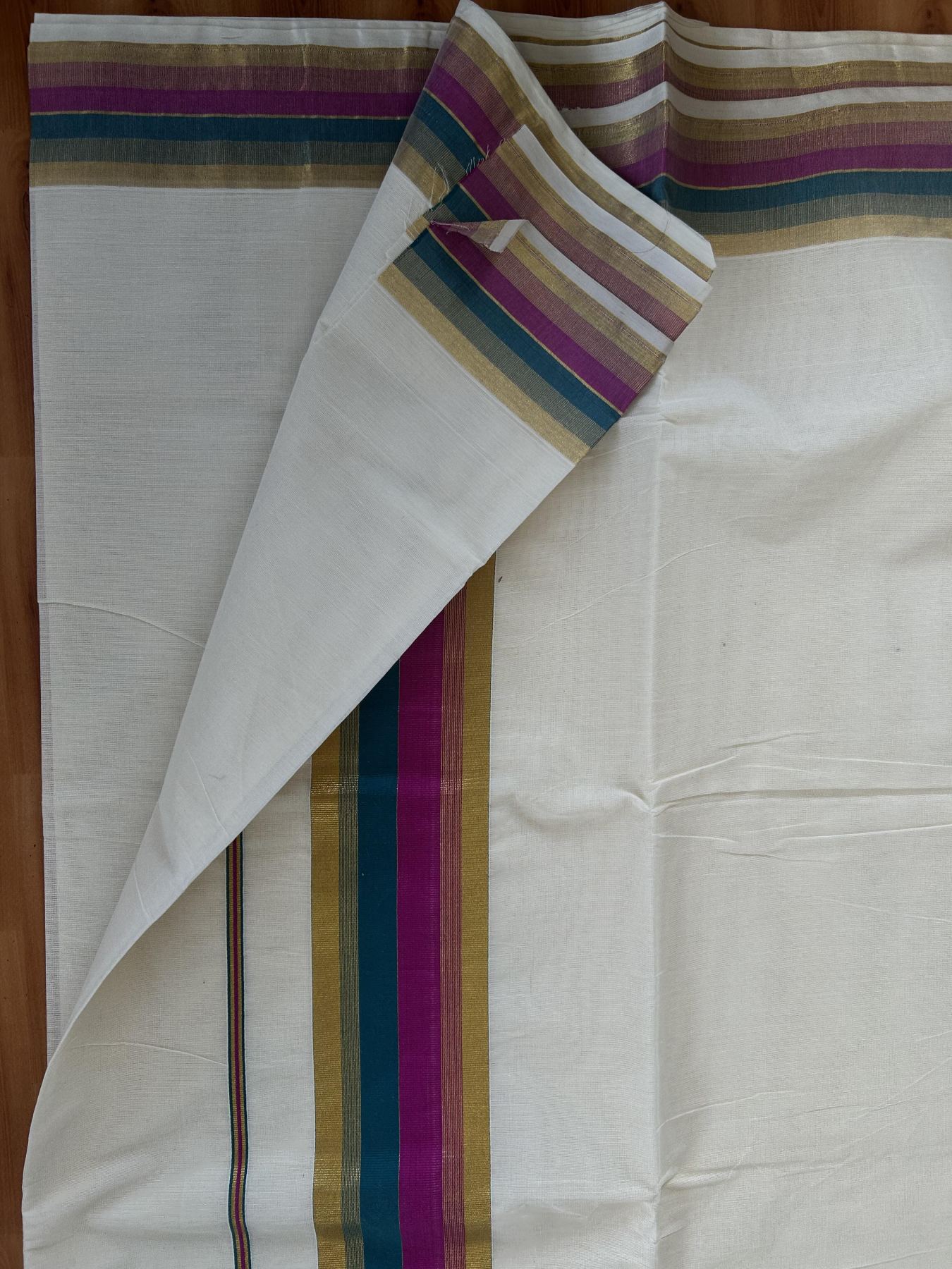 Off White Saree - 25% Discount! Kaitharikada Kerala Traditional Mixed Cotton Kasavu Saree - 3 Inch Pallu - Gold Kasav Peacock Green & Magenta Stripes Kara - 28 KK7000 PMC
