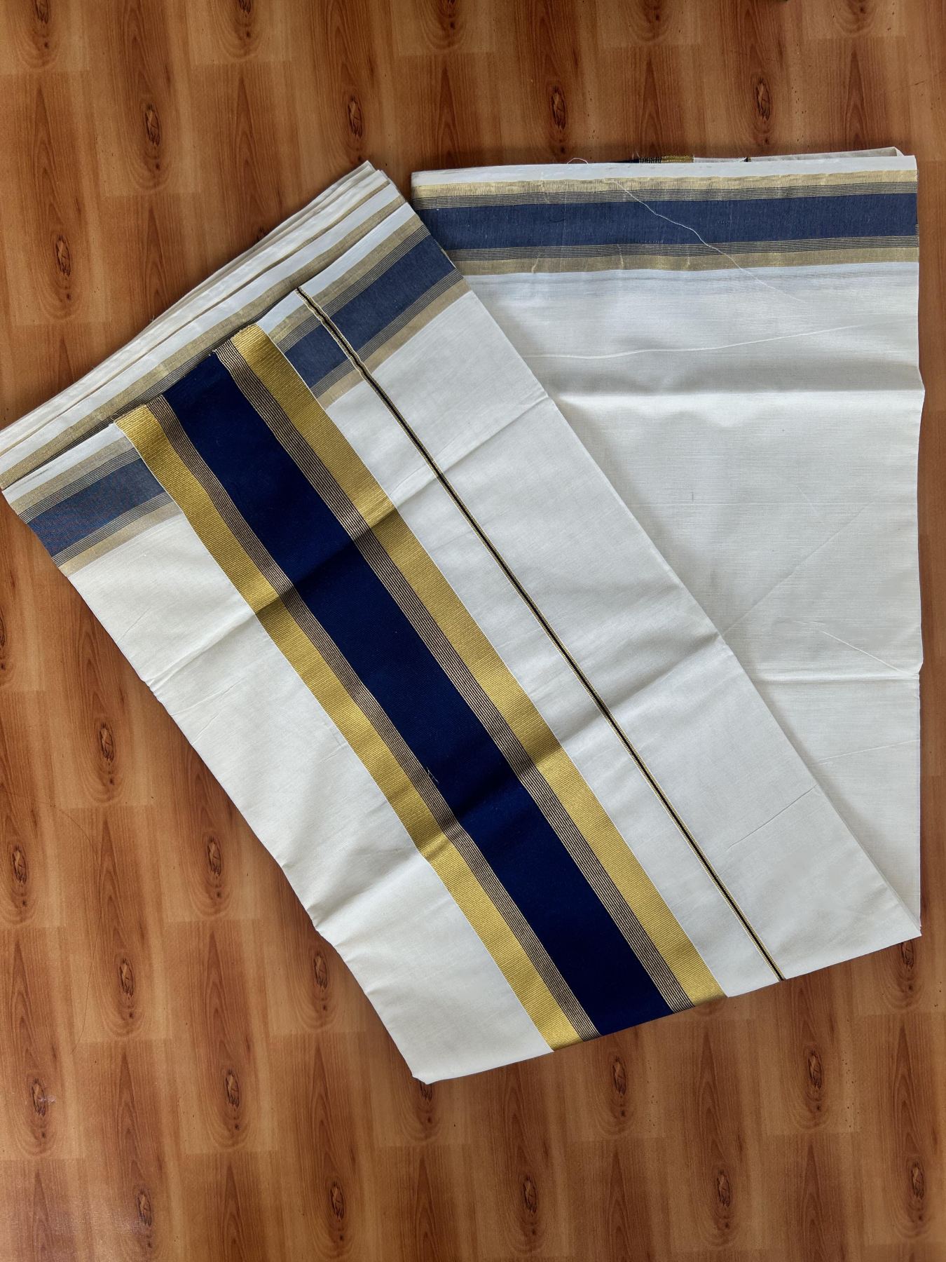 Off White Saree - 25% Discount! Kaitharikada Kerala Traditional Mixed Cotton Kasavu Saree - 3 Inch Pallu - Gold Kasav & Navy Blue Stripes Kara - 22 KK7000 PMC