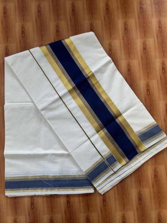 Off White Saree - 25% Discount! Kaitharikada Kerala Traditional Mixed Cotton Kasavu Saree - 3 Inch Pallu - Gold Kasav & Navy Blue Stripes Kara - 22 KK7000 PMC