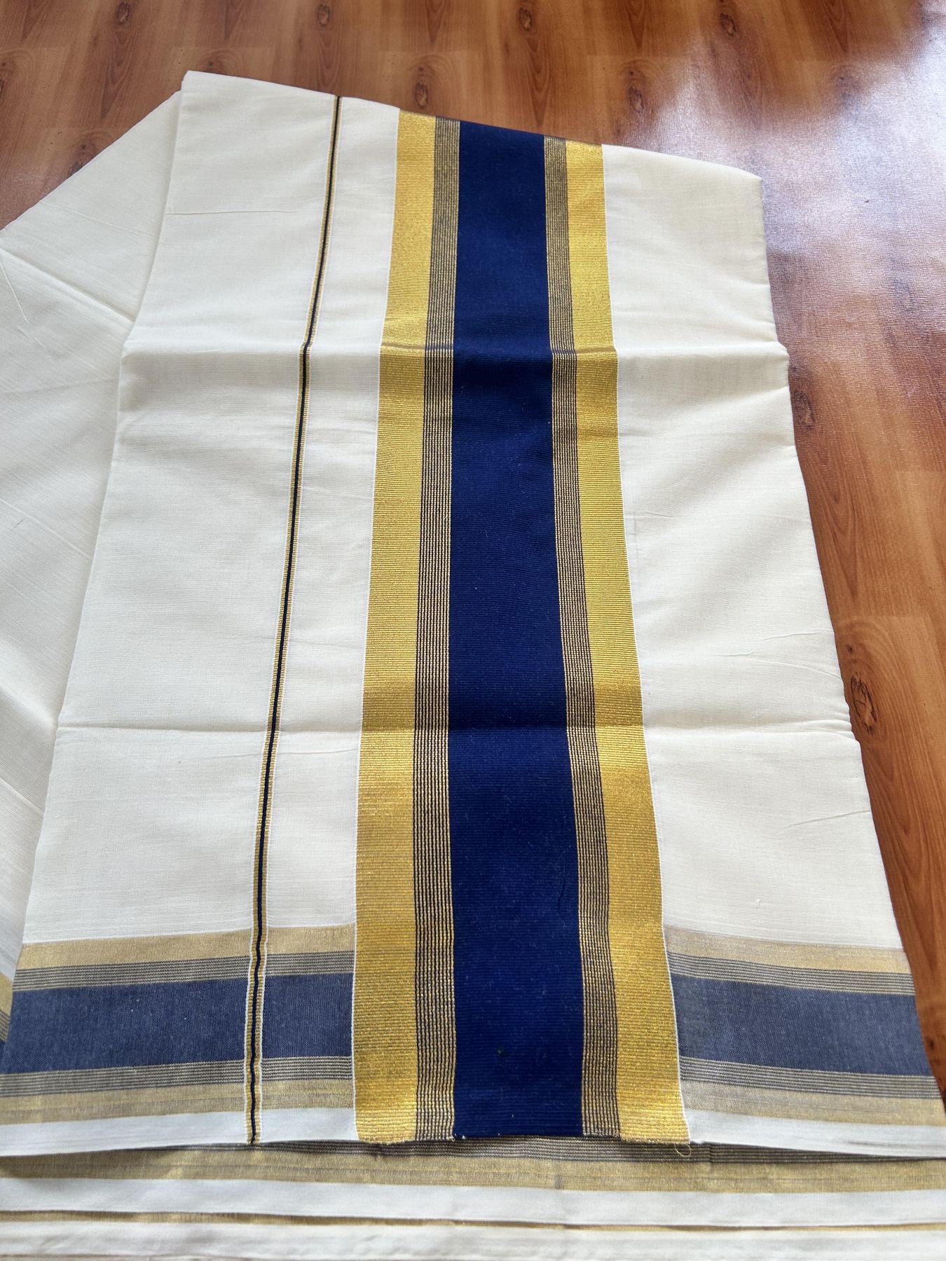 Off White Saree - 25% Discount! Kaitharikada Kerala Traditional Mixed Cotton Kasavu Saree - 3 Inch Pallu - Gold Kasav & Navy Blue Stripes Kara - 22 KK7000 PMC