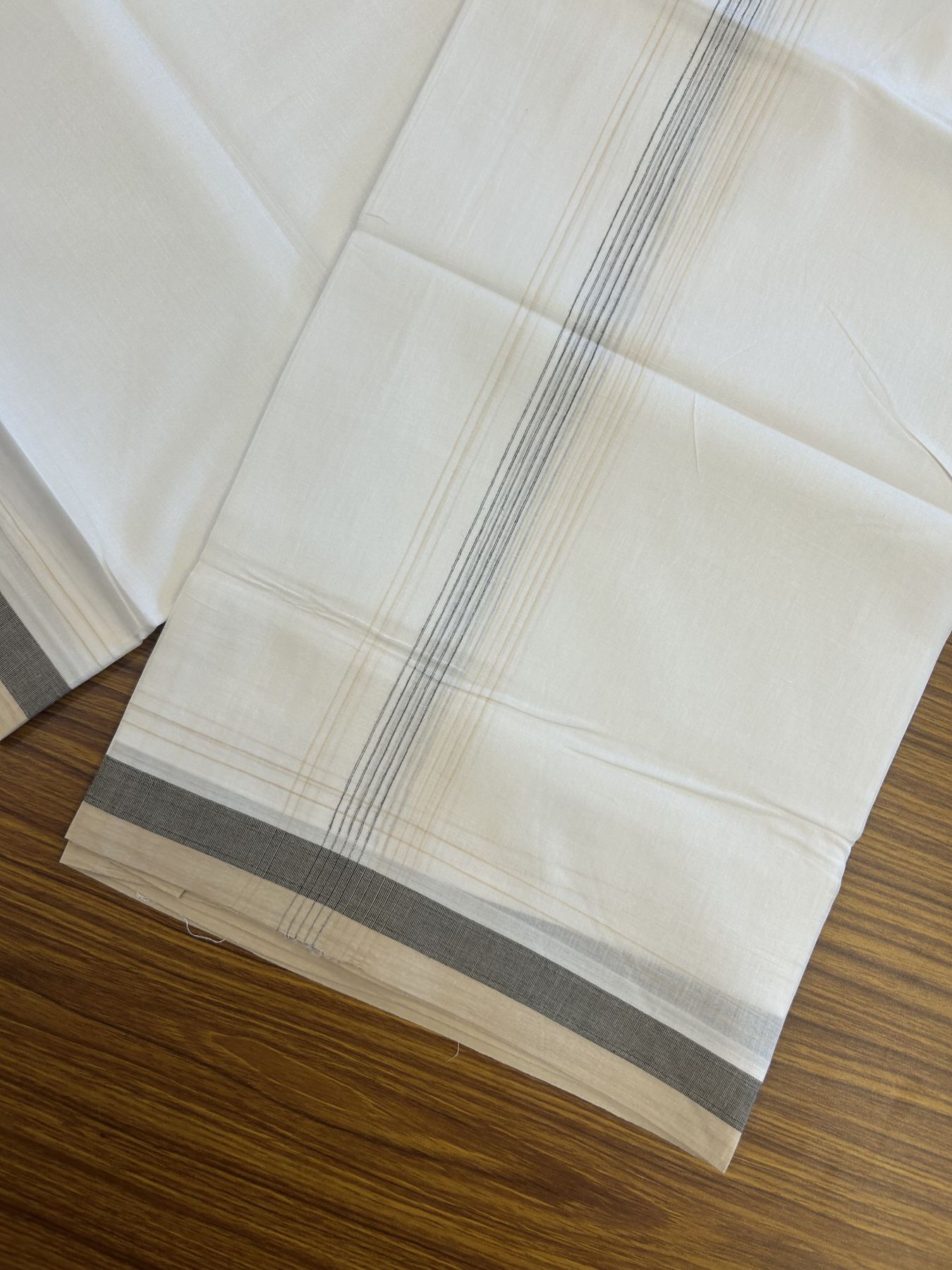 20% Discount ! Kaitharikada Balaramapuram 100% Cotton Pure White Double Mundu/Dothi - 100x80 - 1.75 inch Cream & Black Stripes Kara 4 mtr (8.5 muzham) - 52 KK5315 VAS