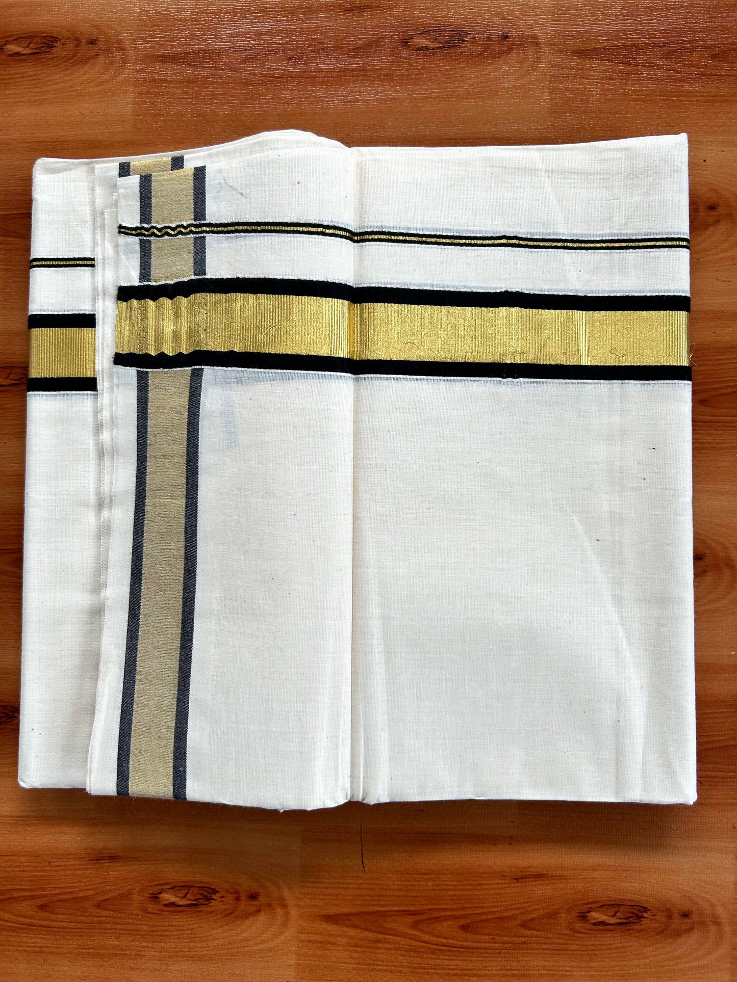 Double Off White - (Unbleached) Mundu/Dhoti - 20% Discount! KaithariKada Balaramapuram Pure Cotton - 80s - 1.25 inch Gold Kasav & Black Kara - 4 mtr (8.5 Muzham) - 7 KK5413 GAN