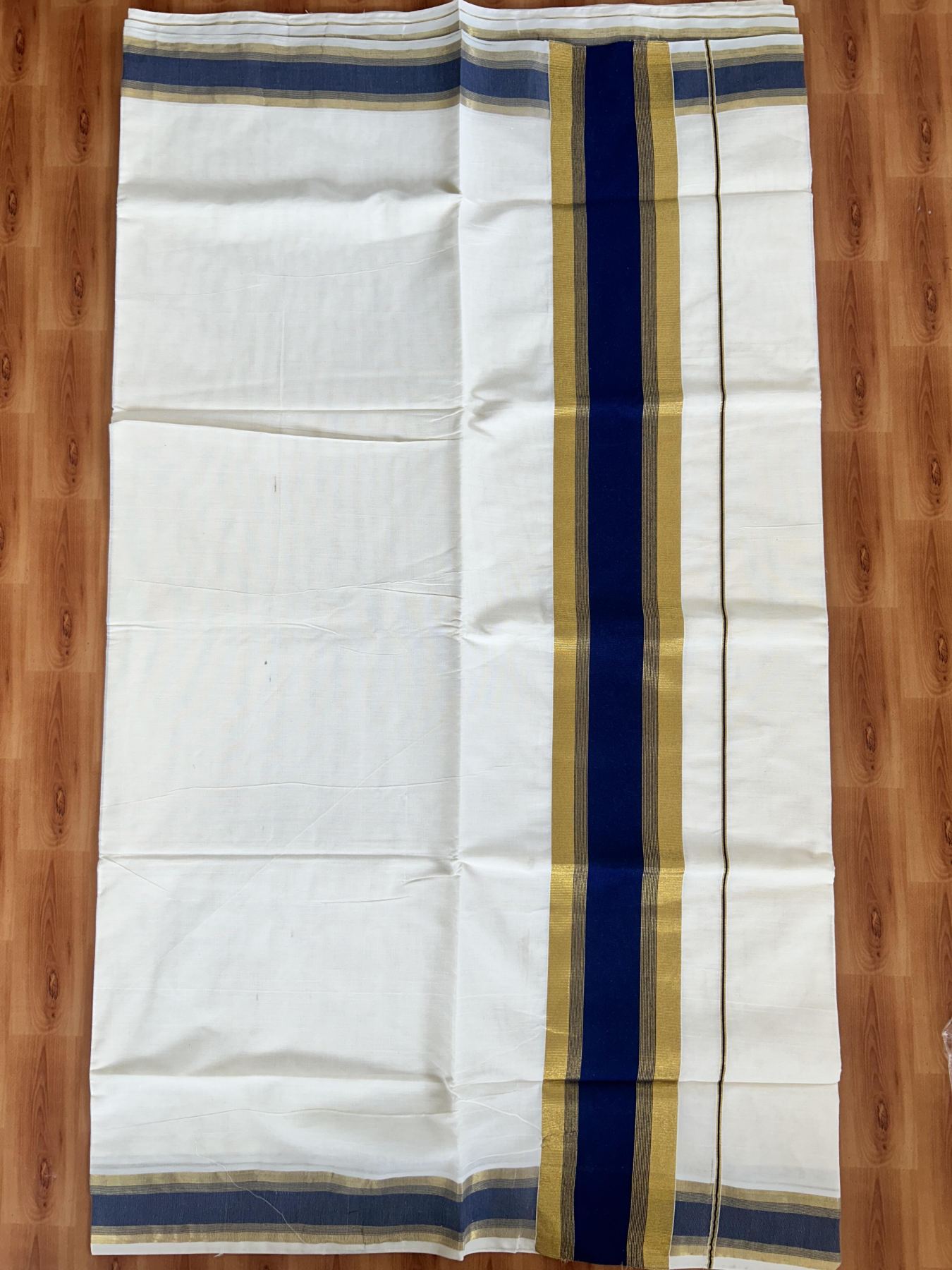 Off White Saree - 25% Discount! Kaitharikada Kerala Traditional Mixed Cotton Kasavu Saree - 3 Inch Pallu - Gold Kasav & Navy Blue Stripes Kara - 22 KK7000 PMC