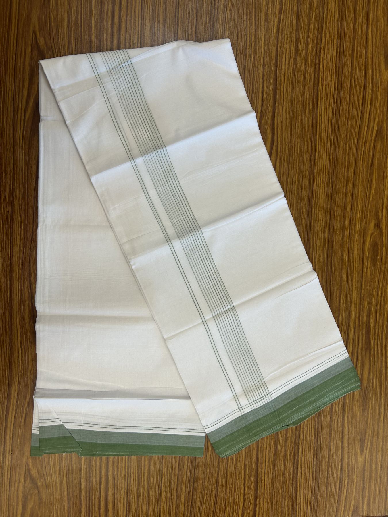 20% Discount ! Kaitharikada Balaramapuram 100% Cotton Pure White Double Mundu/Dothi - 100x80 - 1.75 inch Green & Cadet Blue Stripes Kara 4 mtr (8.5 muzham) - 48 KK5315 VAS