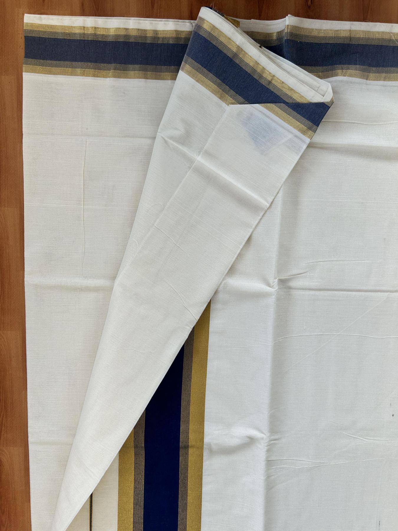 Off White Saree - 25% Discount! Kaitharikada Kerala Traditional Mixed Cotton Kasavu Saree - 3 Inch Pallu - Gold Kasav & Navy Blue Stripes Kara - 22 KK7000 PMC