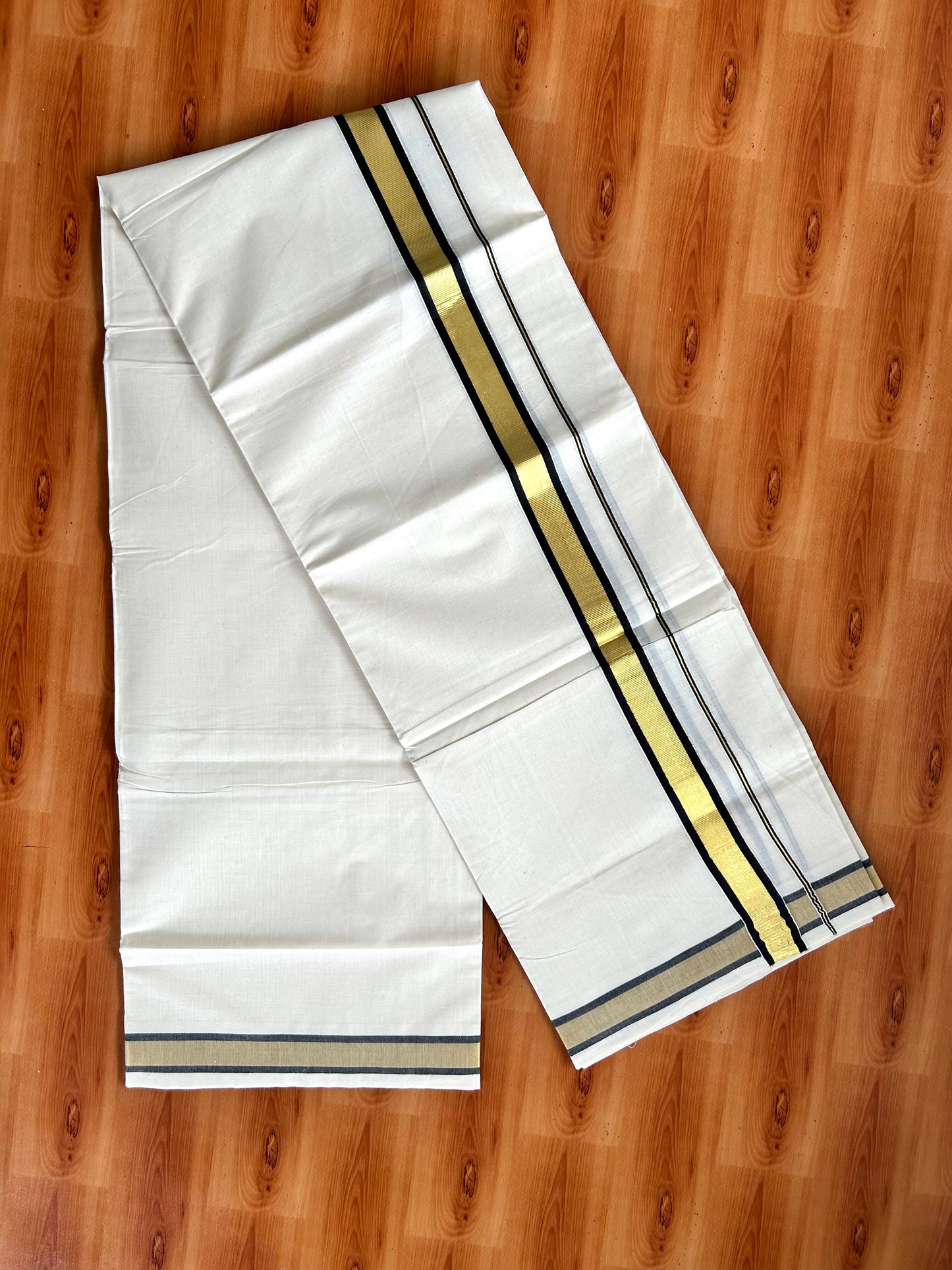 Double Off White - (Unbleached) Mundu/Dhoti - 20% Discount! KaithariKada Balaramapuram Pure Cotton - 80s - 1.25 inch Gold Kasav & Black Kara - 4 mtr (8.5 Muzham) - 7 KK5413 GAN