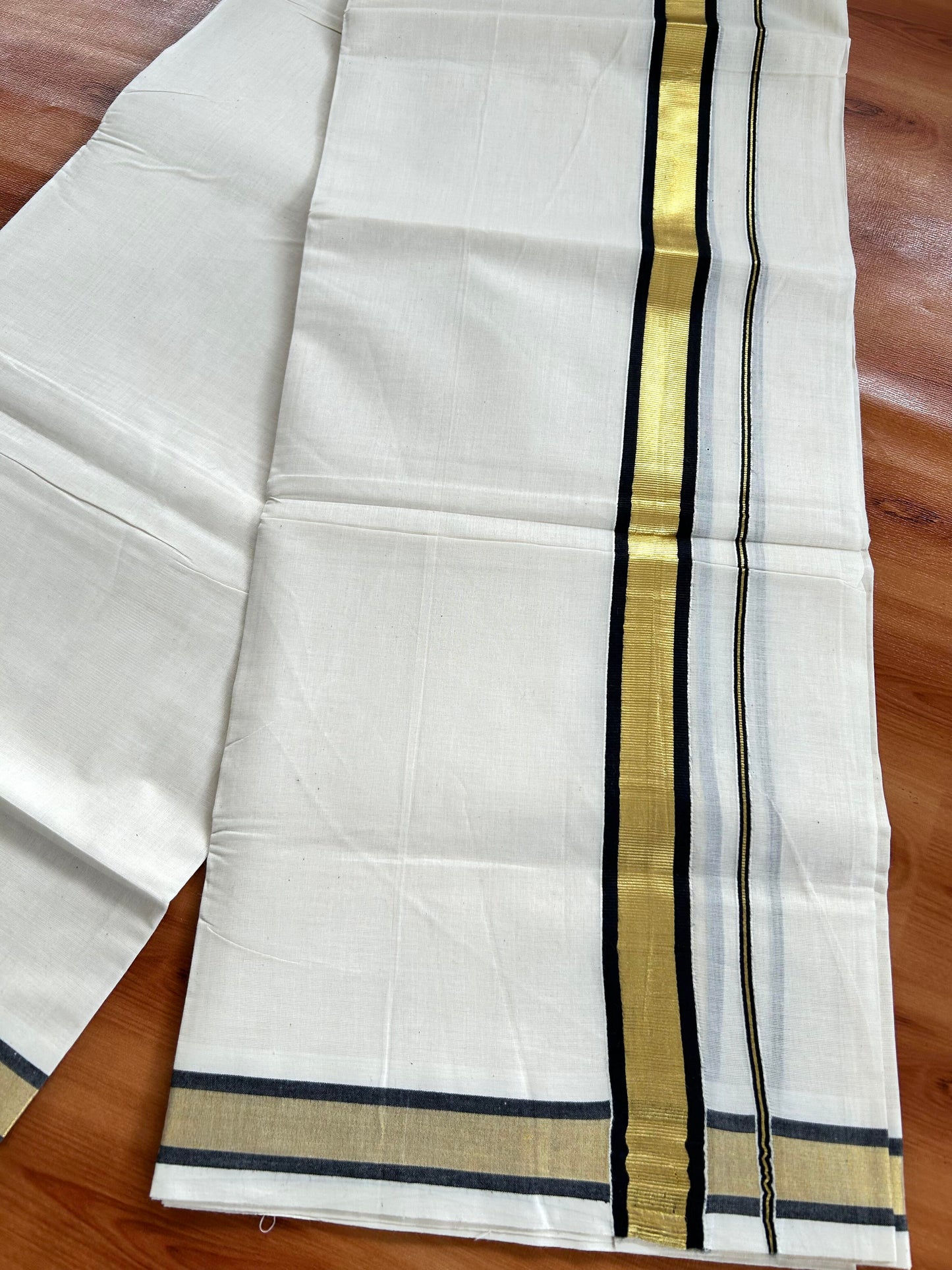 Double Off White - (Unbleached) Mundu/Dhoti - 20% Discount! KaithariKada Balaramapuram Pure Cotton - 80s - 1.25 inch Gold Kasav & Black Kara - 4 mtr (8.5 Muzham) - 7 KK5413 GAN