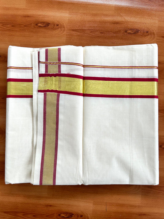 Double Off White - (Unbleached) Mundu/Dhoti - 20% Discount! KaithariKada Balaramapuram Pure Cotton - 80s - 1.25 inch Gold Kasav & Maroon Kara - 4 mtr (8.5 Muzham) - 6 KK5413 GAN