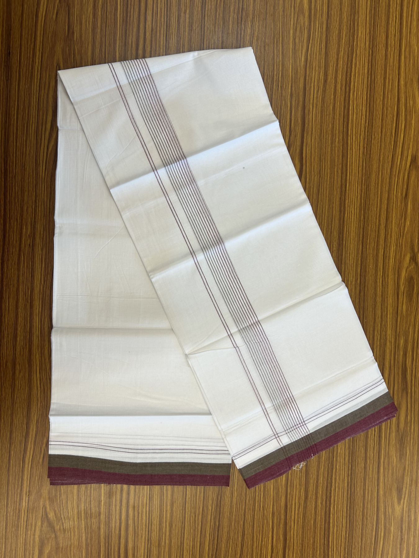 20% Discount ! Kaitharikada Balaramapuram 100% Cotton Pure White Double Mundu/Dothi - 100x80 - 1.75 inch Olive Green & Maroon Stripes Kara 4 mtr (8.5 muzham) - 54 KK5315 VAS