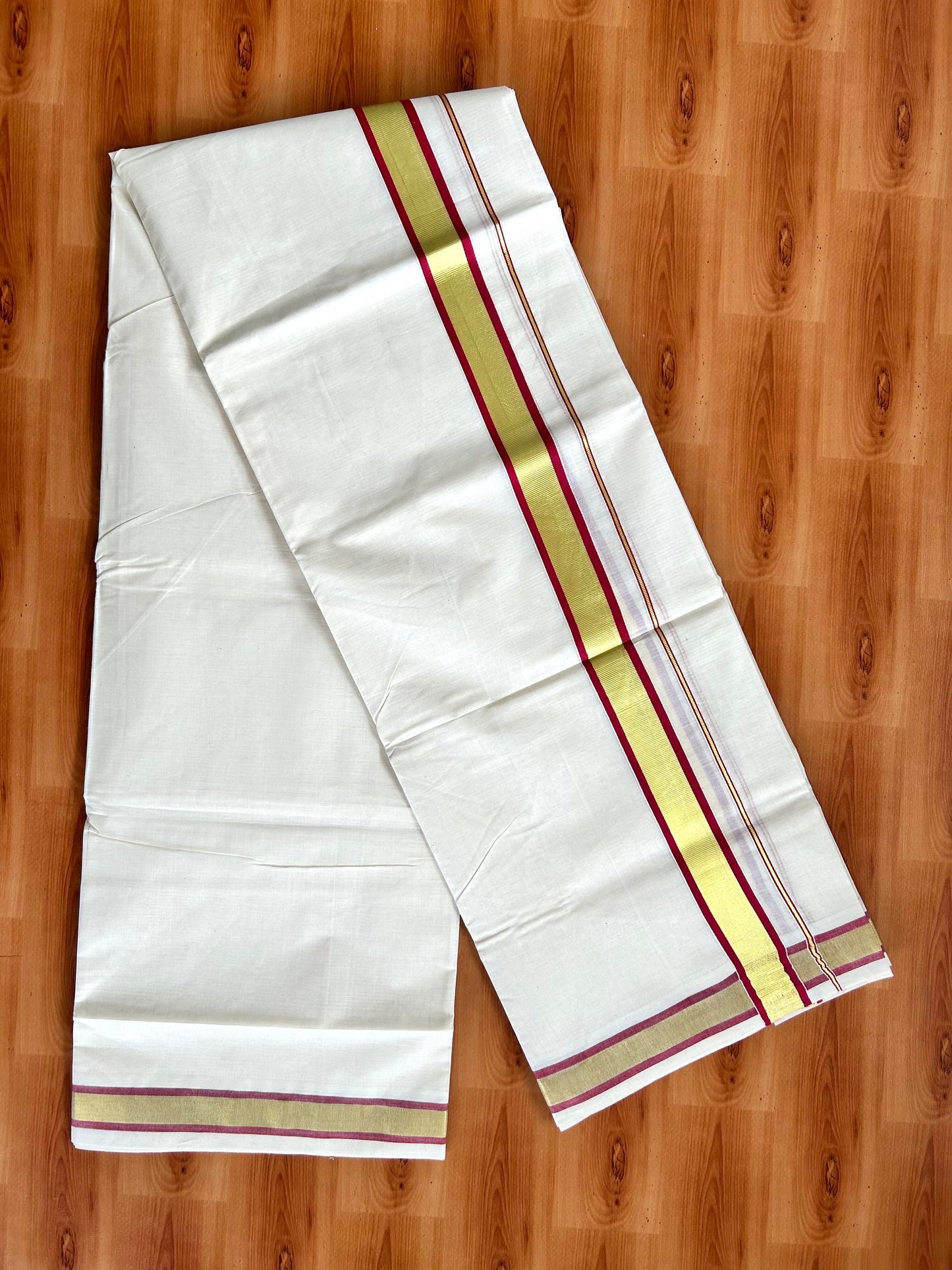Double Off White - (Unbleached) Mundu/Dhoti - 20% Discount! KaithariKada Balaramapuram Pure Cotton - 80s - 1.25 inch Gold Kasav & Maroon Kara - 4 mtr (8.5 Muzham) - 6 KK5413 GAN