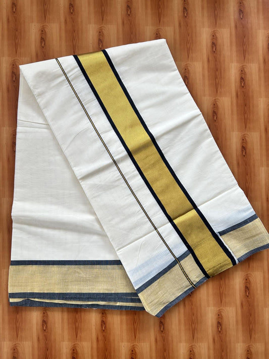 Off White Saree - 25% Discount! Kaitharikada Kerala Traditional Mixed Cotton Kasavu Saree - 3 Inch Pallu - Gold Kasav & Black Kara - 15 KK7000 PMC
