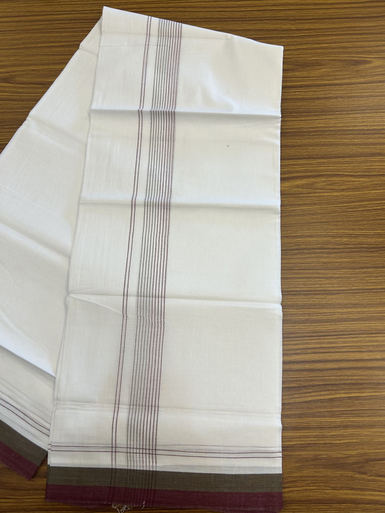 20% Discount ! Kaitharikada Balaramapuram 100% Cotton Pure White Double Mundu/Dothi - 100x80 - 1.75 inch Olive Green & Maroon Stripes Kara 4 mtr (8.5 muzham) - 54 KK5315 VAS