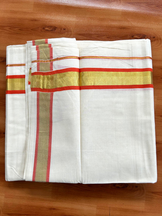 Double Off White - (Unbleached) Mundu/Dhoti - 20% Discount! KaithariKada Balaramapuram Pure Cotton - 80s - 1.25 inch Gold Kasav & Orange Kara - 4 mtr (8.5 Muzham) - 4 KK5413 GAN