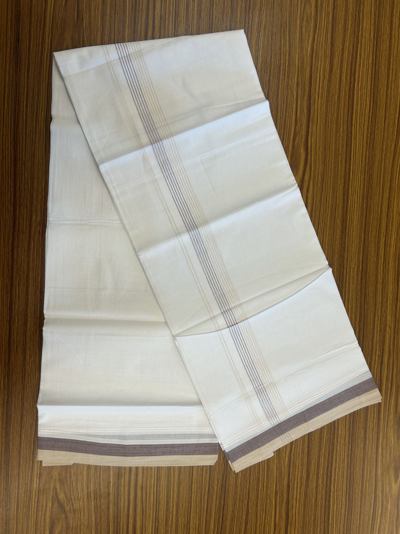 20% Discount ! Kaitharikada Balaramapuram 100% Cotton Pure White Double Mundu/Dothi - 100x80 - 1.75 inch Cream & Grape Wine Stripes Kara 4 mtr (8.5 muzham) - 53 KK5315 VAS