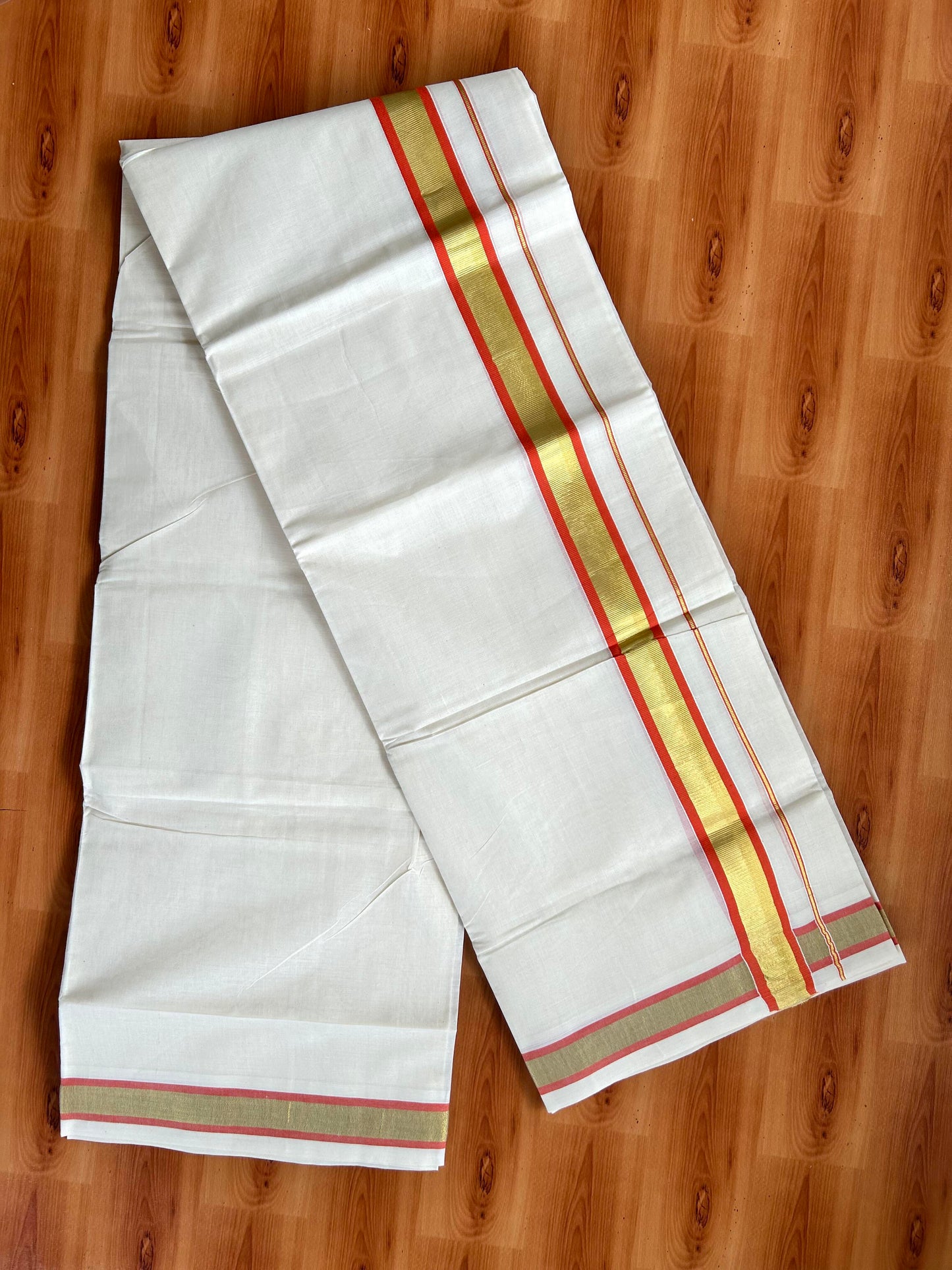 Double Off White - (Unbleached) Mundu/Dhoti - 20% Discount! KaithariKada Balaramapuram Pure Cotton - 80s - 1.25 inch Gold Kasav & Orange Kara - 4 mtr (8.5 Muzham) - 4 KK5413 GAN