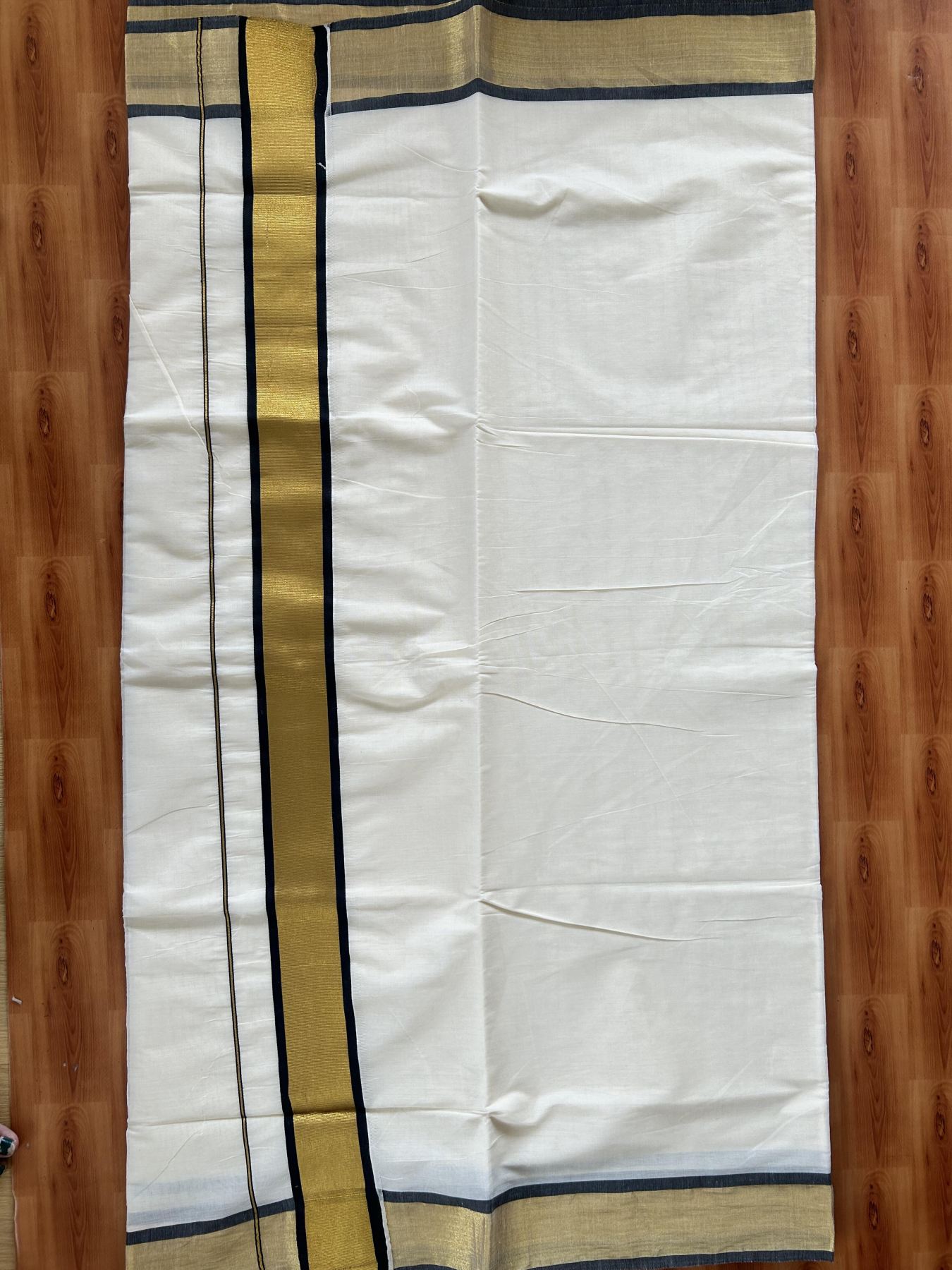 Off White Saree - 25% Discount! Kaitharikada Kerala Traditional Mixed Cotton Kasavu Saree - 3 Inch Pallu - Gold Silver Kasav & Black Kara - 15 KK7000 PMC