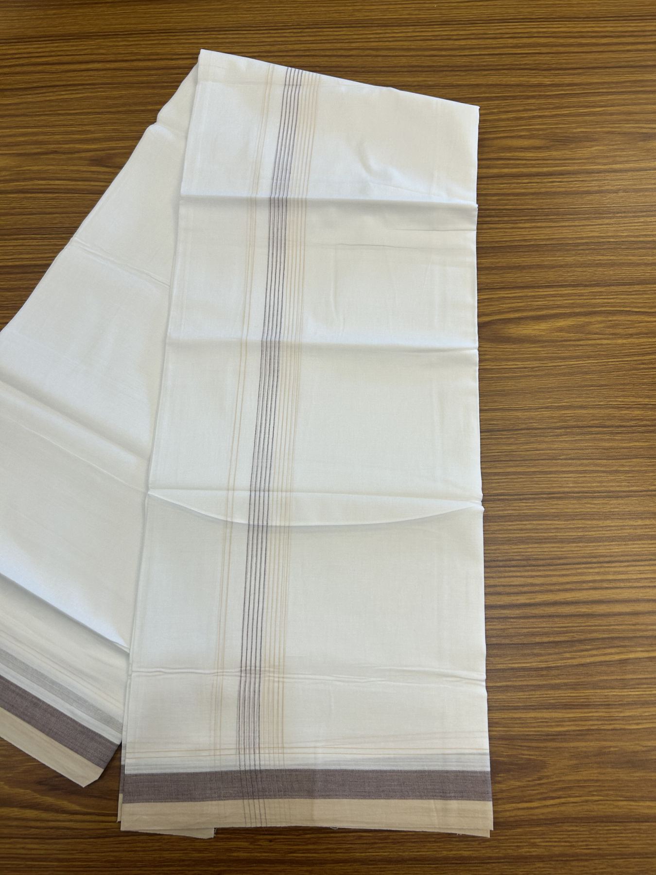 20% Discount ! Kaitharikada Balaramapuram 100% Cotton Pure White Double Mundu/Dothi - 100x80 - 1.75 inch Cream & Grape Wine Stripes Kara 4 mtr (8.5 muzham) - 53 KK5315 VAS