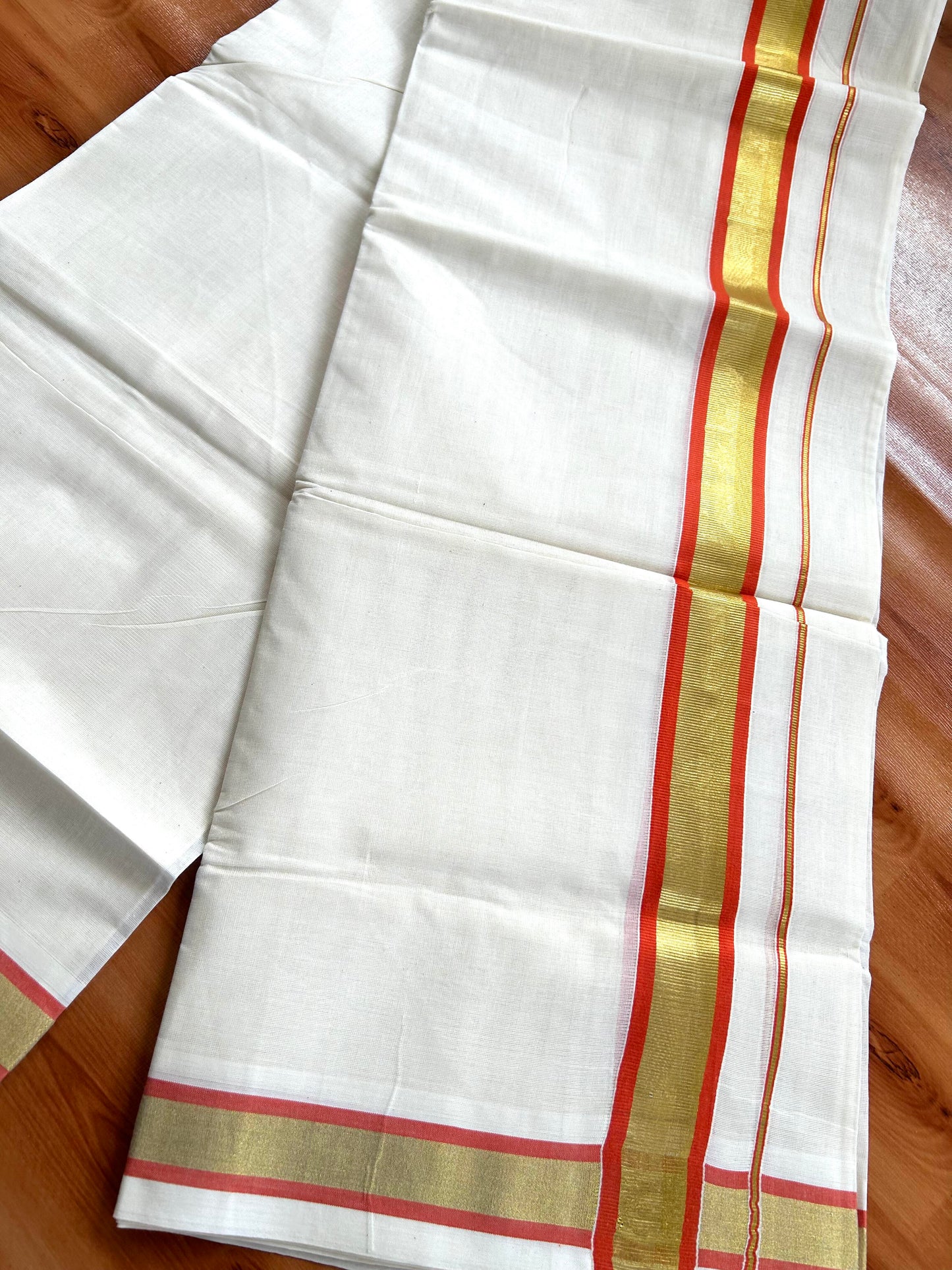 Double Off White - (Unbleached) Mundu/Dhoti - 20% Discount! KaithariKada Balaramapuram Pure Cotton - 80s - 1.25 inch Gold Kasav & Orange Kara - 4 mtr (8.5 Muzham) - 4 KK5413 GAN