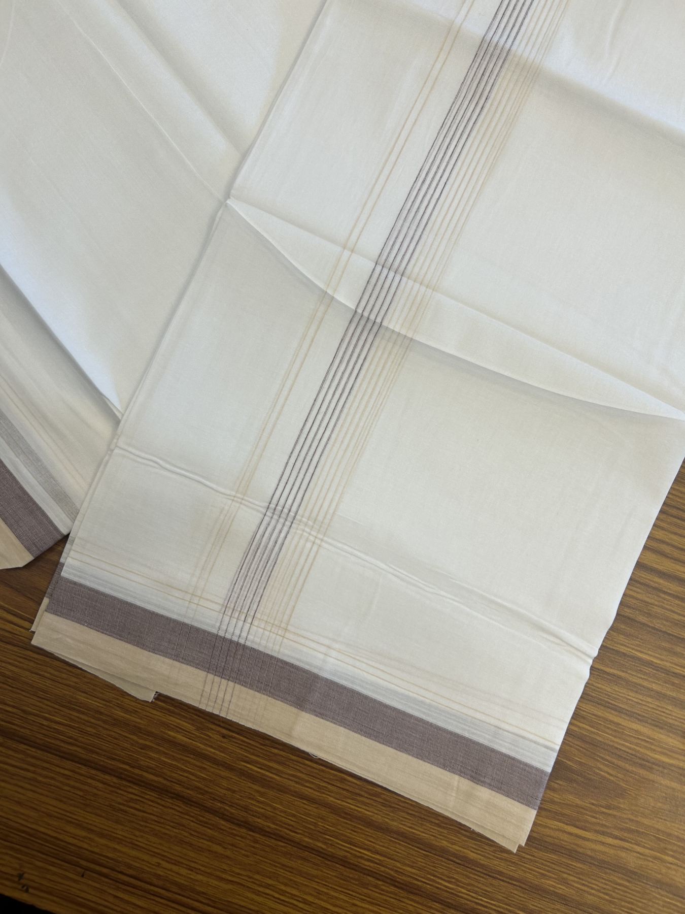 20% Discount ! Kaitharikada Balaramapuram 100% Cotton Pure White Double Mundu/Dothi - 100x80 - 1.75 inch Cream & Grape Wine Stripes Kara 4 mtr (8.5 muzham) - 53 KK5315 VAS