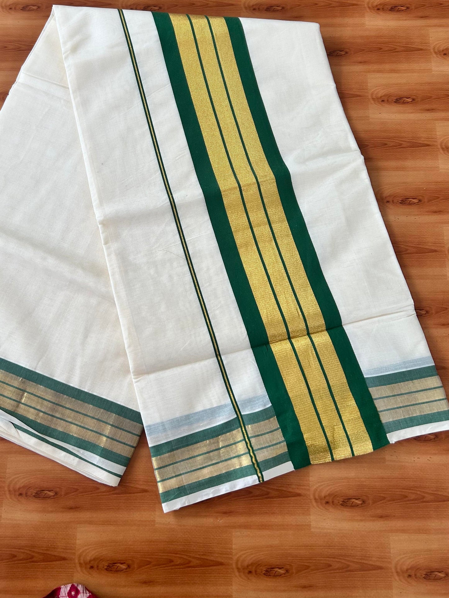 25% Discount! Kaitharikada Kerala Traditional Saree Off white- Mixed Cotton Kasavu Saree - 4.5 Inch  Pallu - Gold Kasav & Green Kara - 5 KK7000 PMC